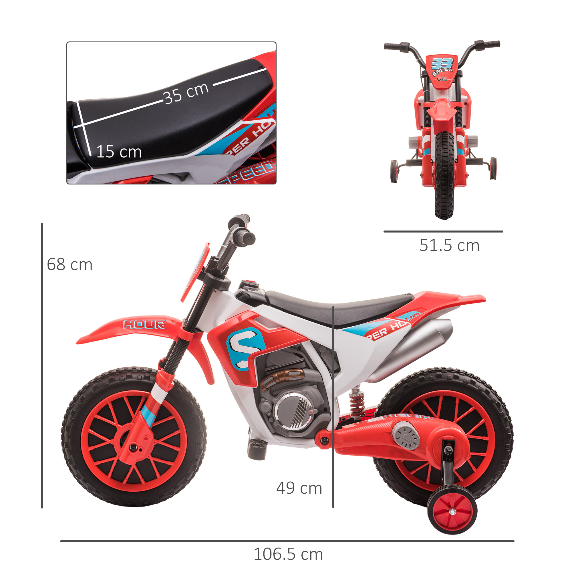 Una moto da cross giocattolo rossa e bianca con misure. Ha rotelle su sfondo bianco.