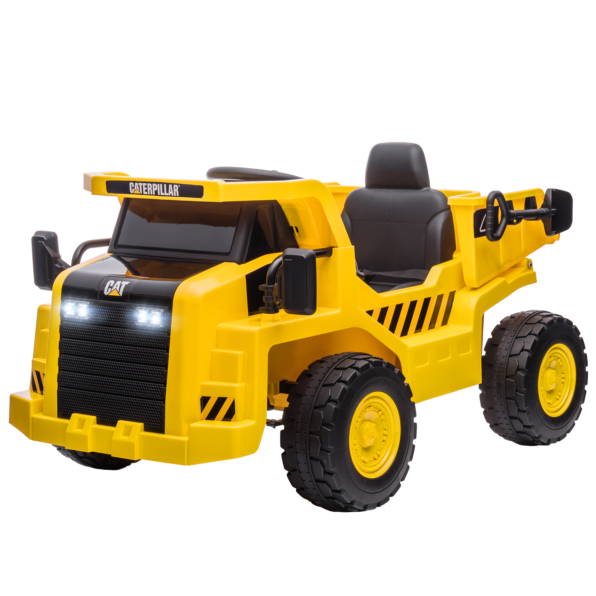 Camion ribaltabile Caterpillar giallo per bambini con dettagli neri e luci, sedile nero.