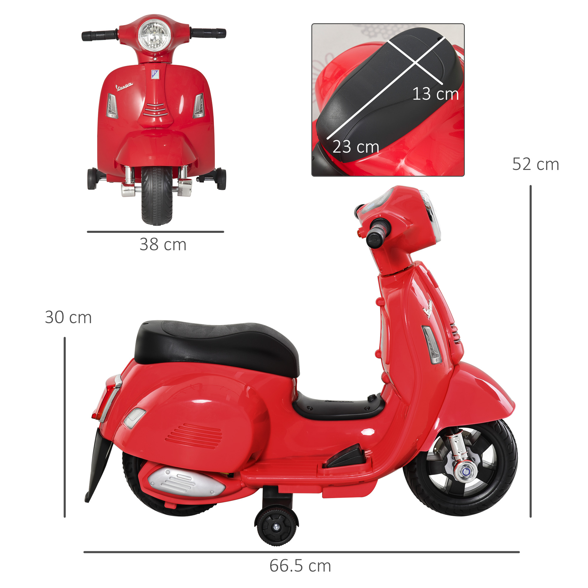Scooter Vespa giocattolo rosso con misure. Le viste laterali e frontali mostrano dimensioni e dettagli.