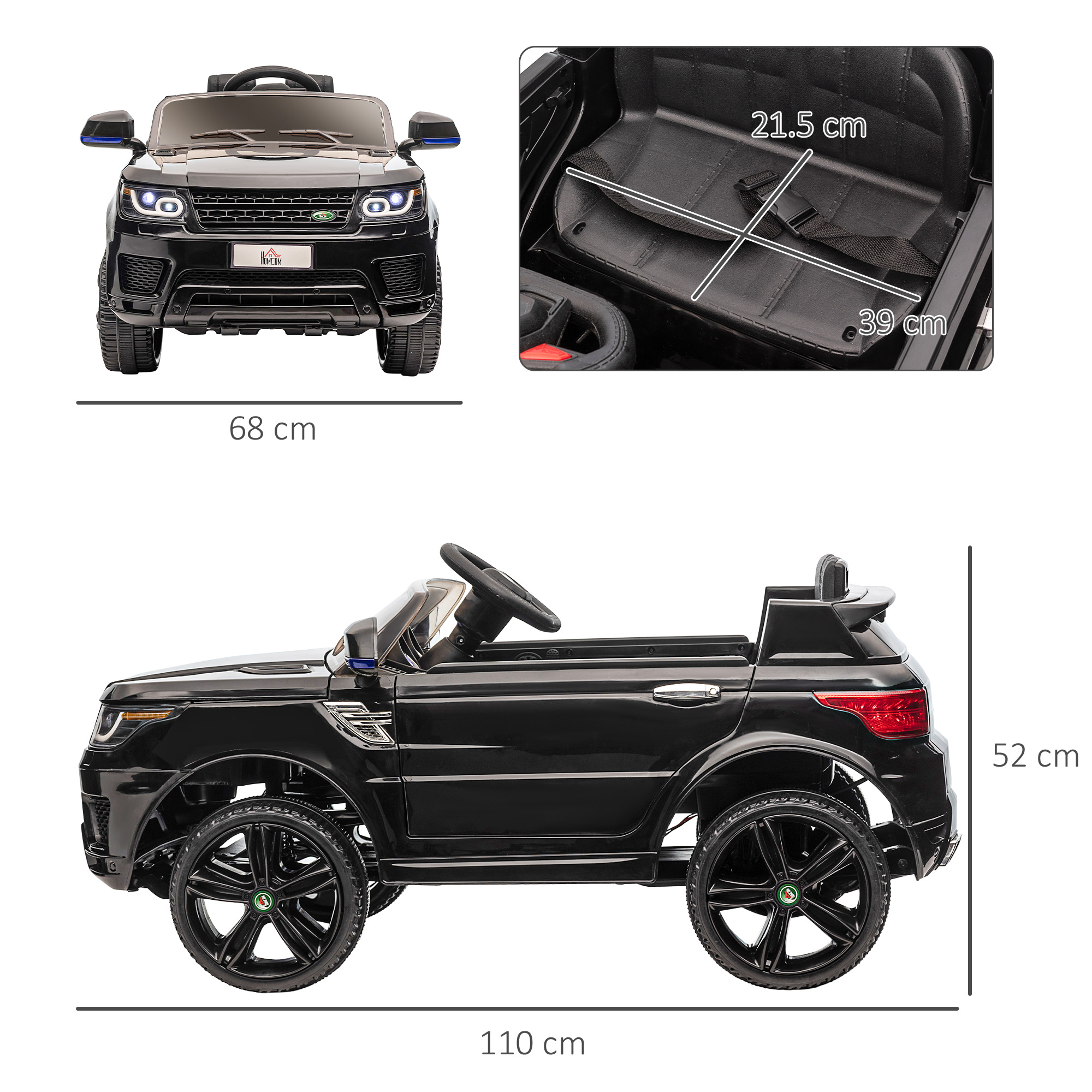 Un'auto giocattolo nera con misure. Viene fornito un diagramma delle dimensioni dell'auto.