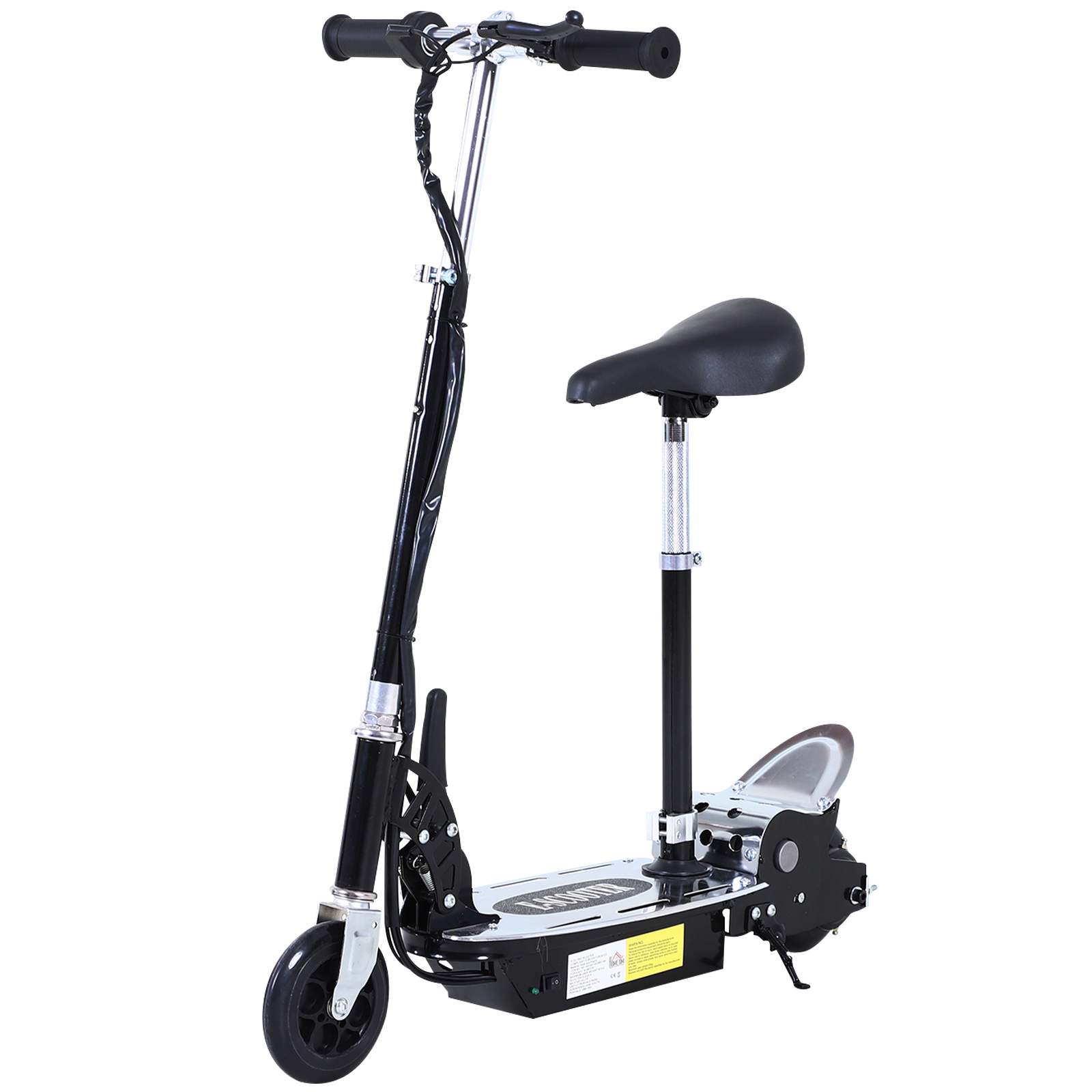 Un monopattino elettrico nero e argento con sedile. Lo scooter è su sfondo bianco.