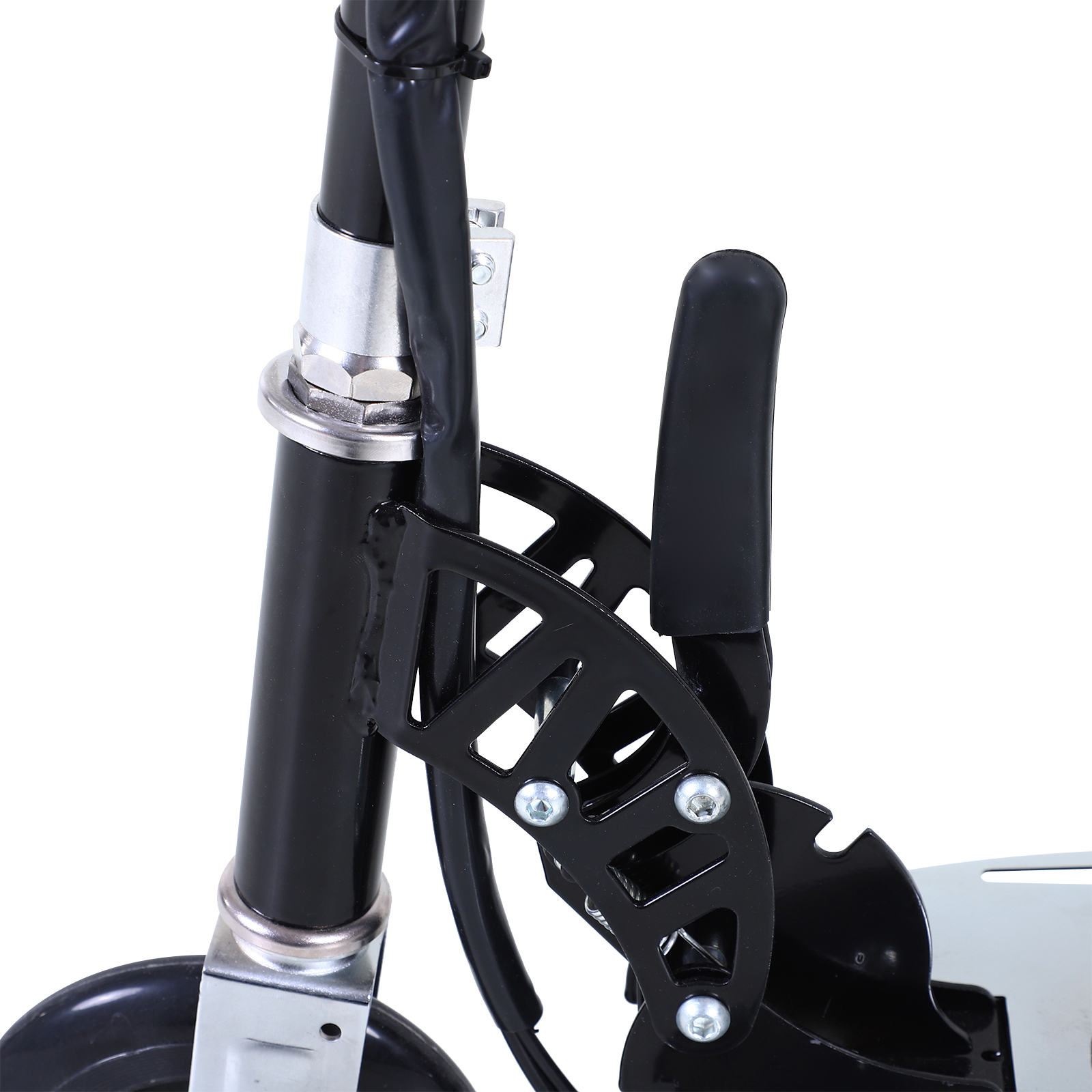 Primo piano di un gruppo manubrio e leva di uno scooter nero. Sono visibili dettagli argentati.