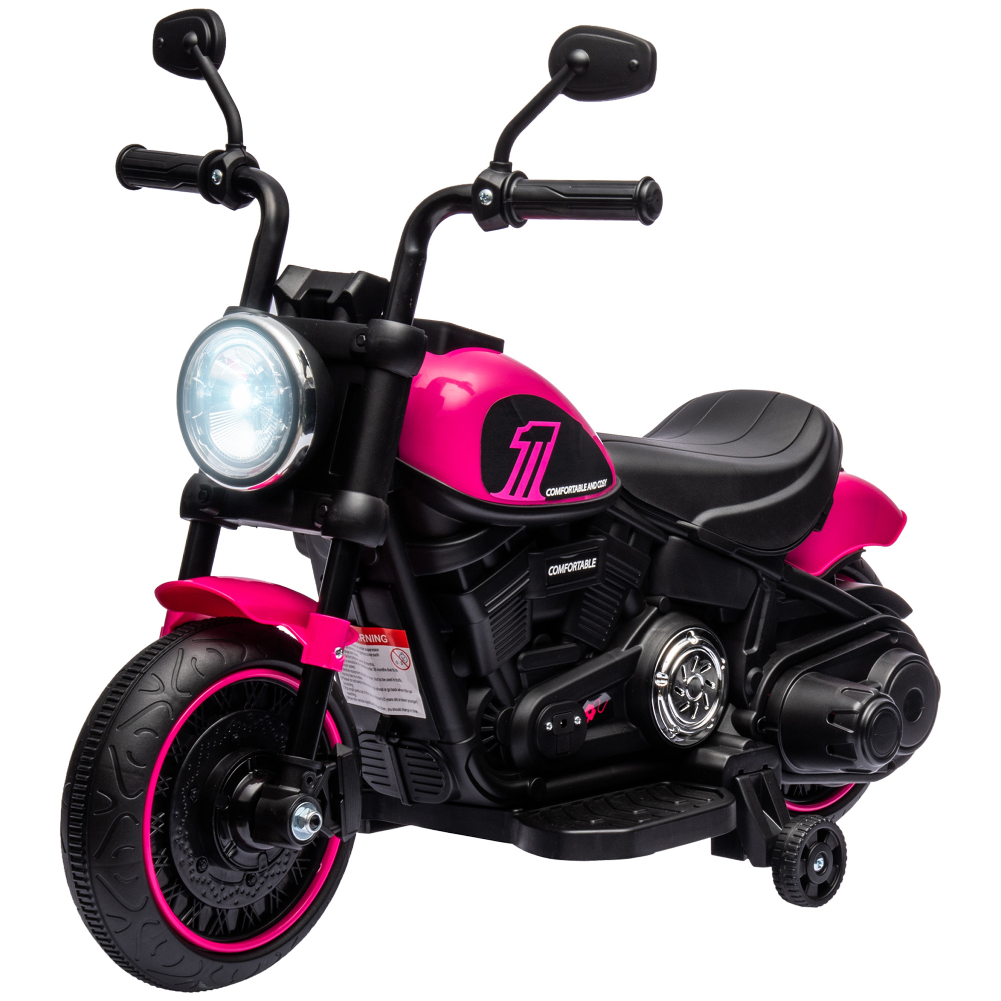 Moto giocattolo rosa con dettagli neri e luci accese. Contiene il numero 57 e la parola Comfortable.