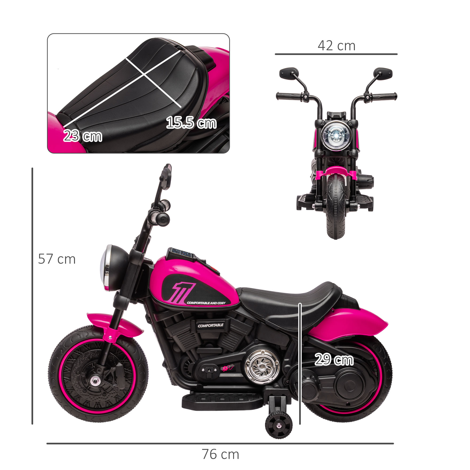 Moto giocattolo rosa con misure. Sedile nero, ruote e sfondo bianco.