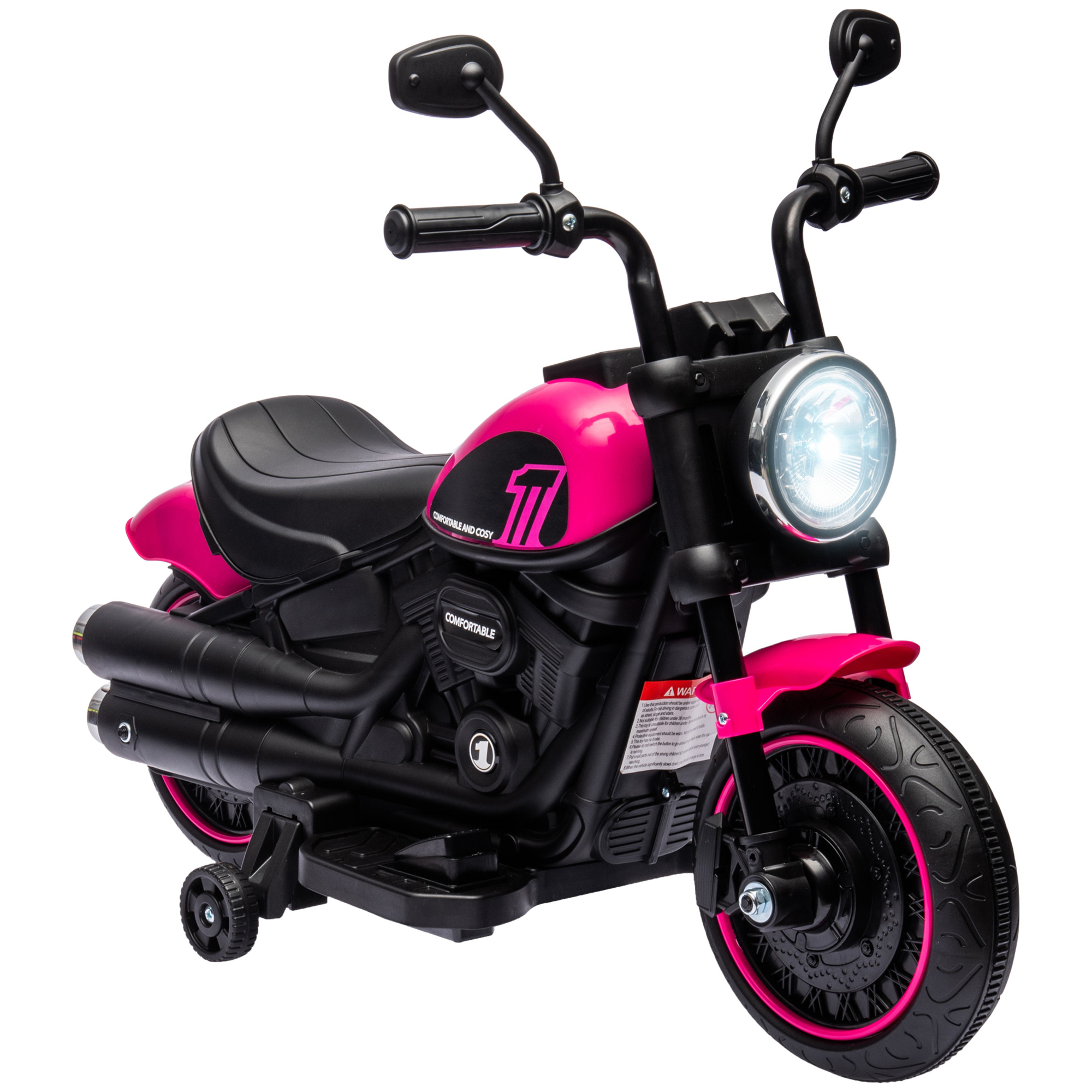 Moto giocattolo rosa con dettagli neri e rotelle, isolata su sfondo bianco.