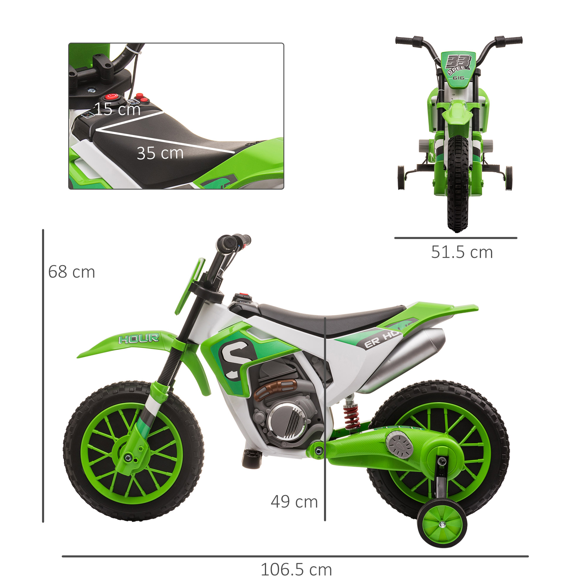 Moto giocattolo verde con misure. Dettagli bianchi, ruote nere e sfondo bianco.