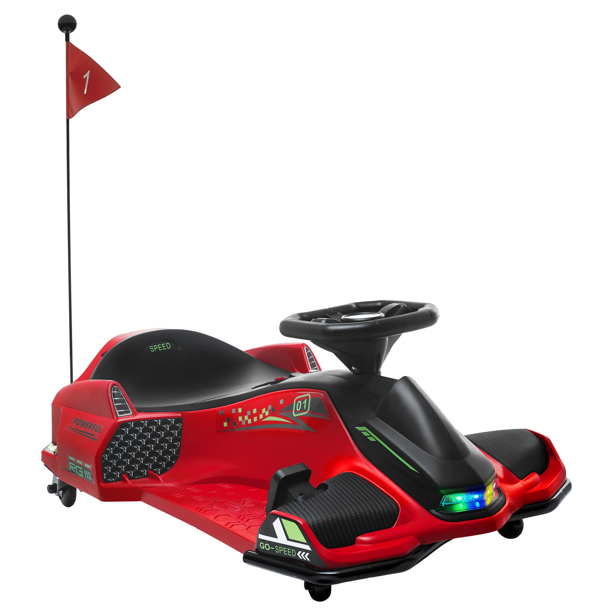 Giocattolo rosso stile go-kart con bandiera, sedile e volante neri.