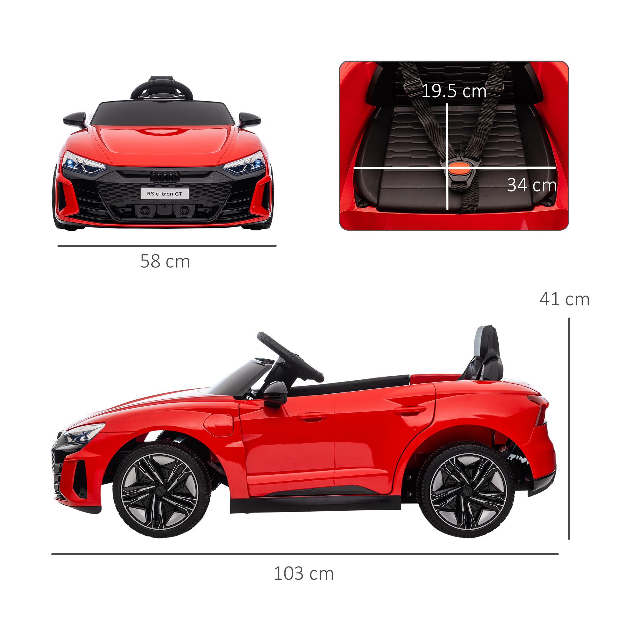 Auto elettrica giocattolo rossa con dimensioni. Vista frontale, laterale e dettagli del sedile sono mostrati.