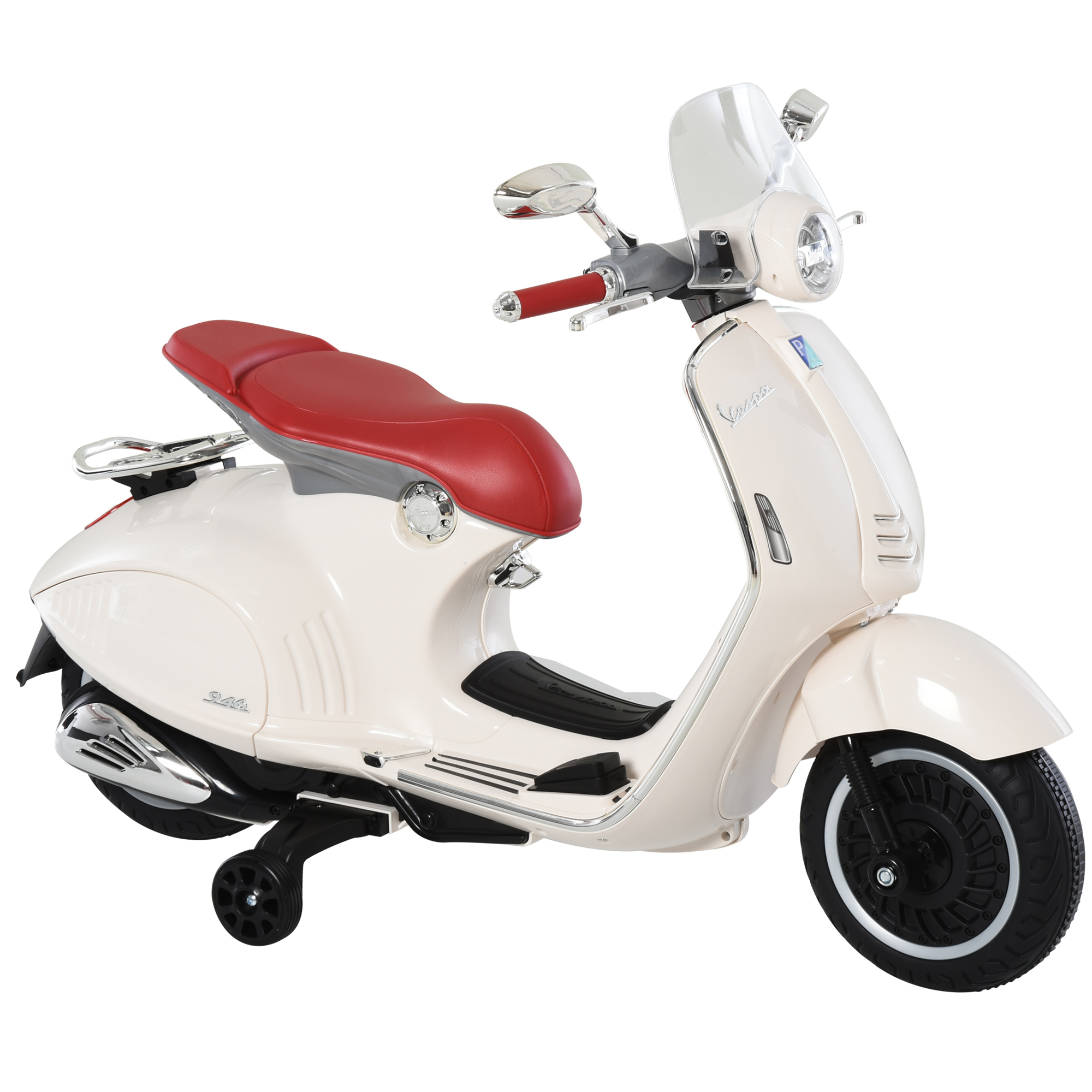 Scooter giocattolo Vespa bianco con sedile rosso e dettagli cromati. Ha parabrezza e rotelle.