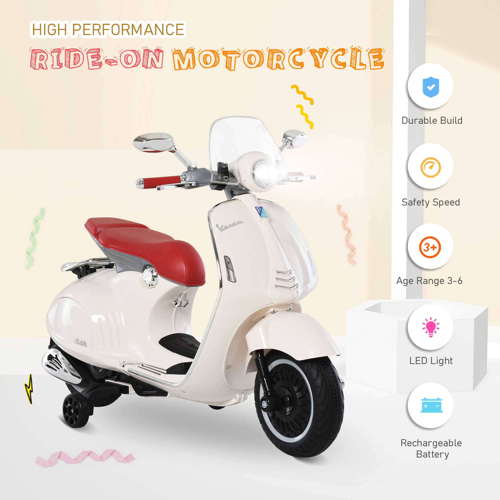 Scooter Vespa bianco con sedile rosso, testo e icone, e sfondo bianco.