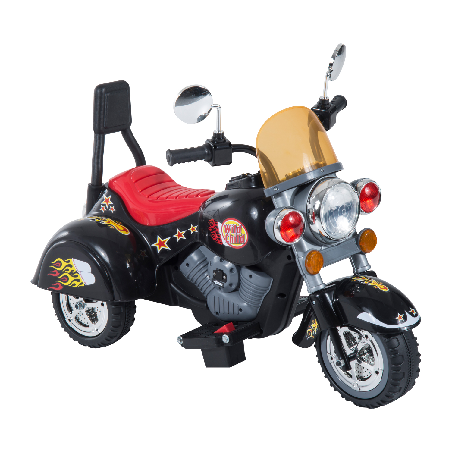 Una moto giocattolo nera e rossa con fiamme e stelle. Sfondo bianco.