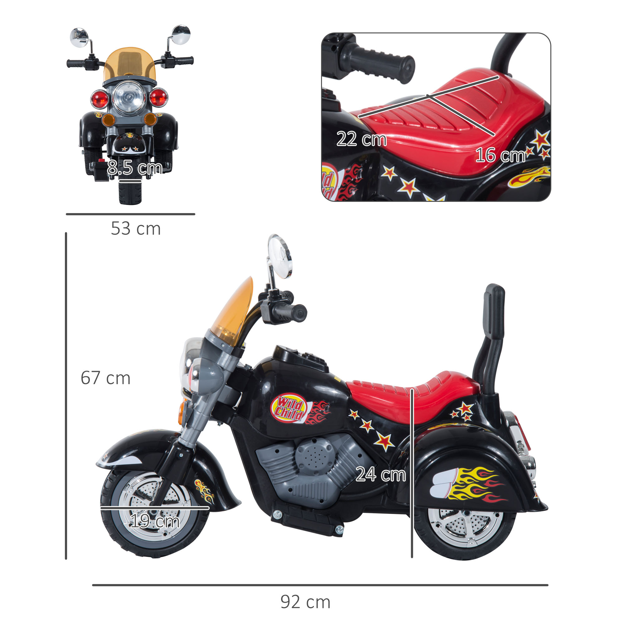 Moto giocattolo nera e rossa con misure dettagliate, inclusa altezza e lunghezza.