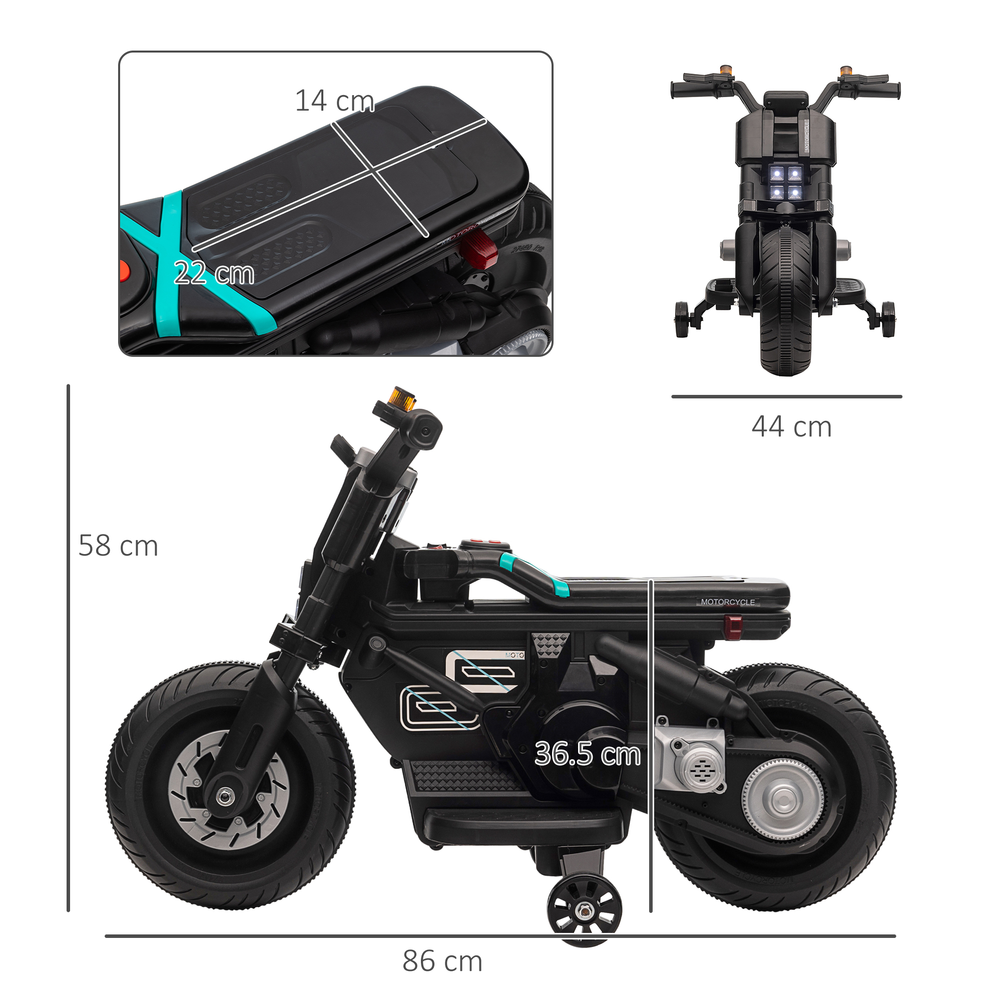 Vista dettagliata di una moto giocattolo nera con dimensioni visualizzate. Sfondo bianco.