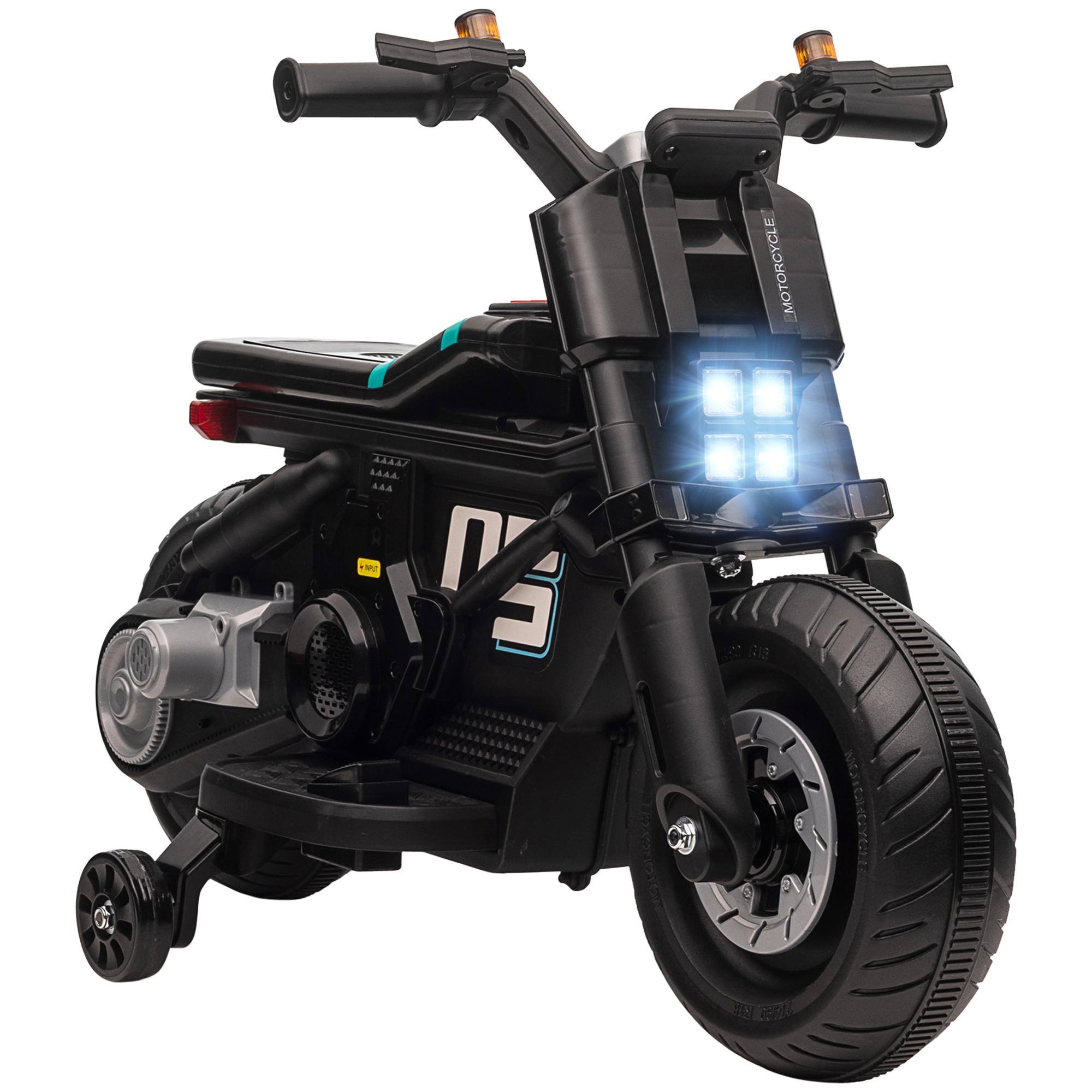 Moto giocattolo nera con dettagli blu, luci bianche e rotelle.