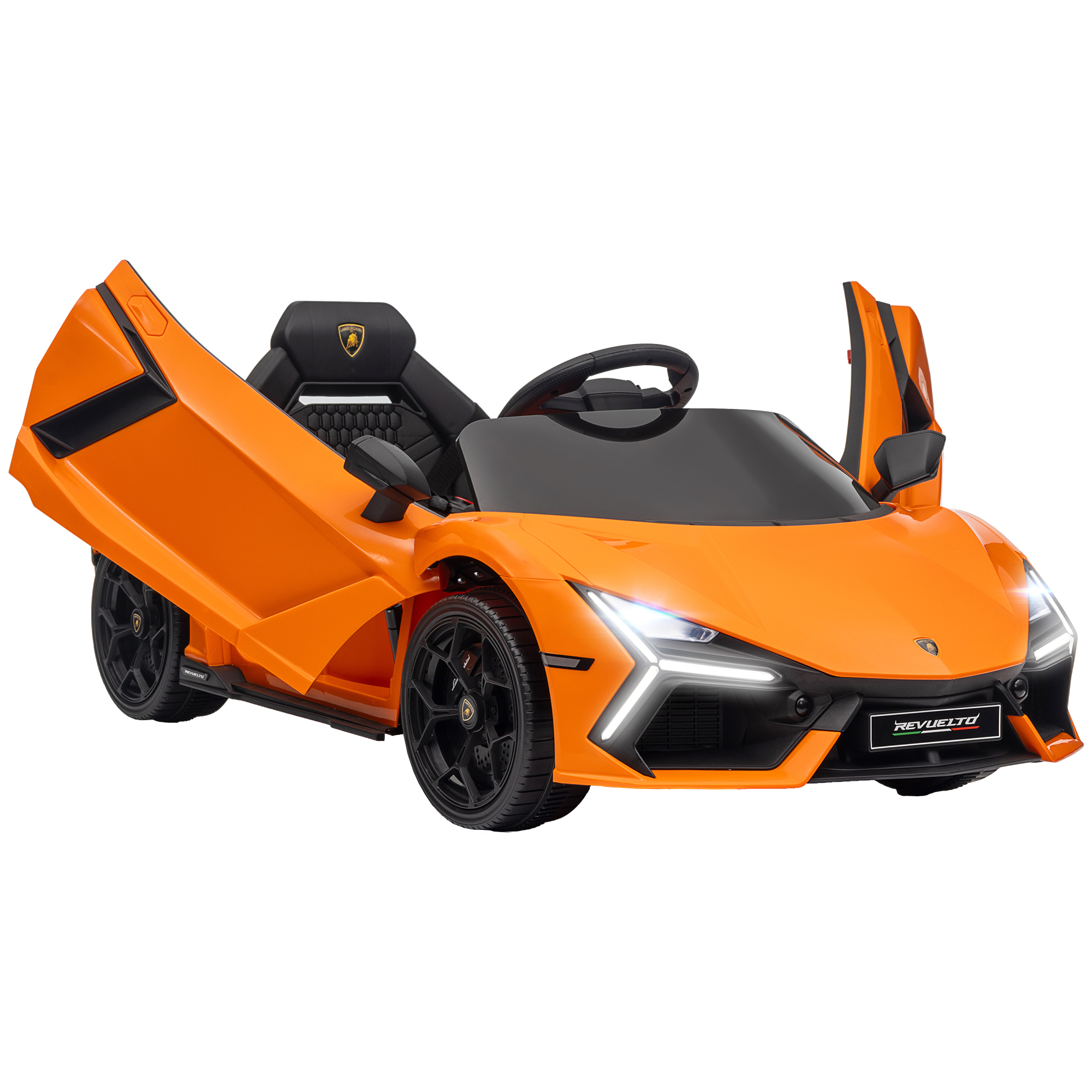 Auto per bambini Lamborghini arancione con porte aperte. Interni e ruote neri.