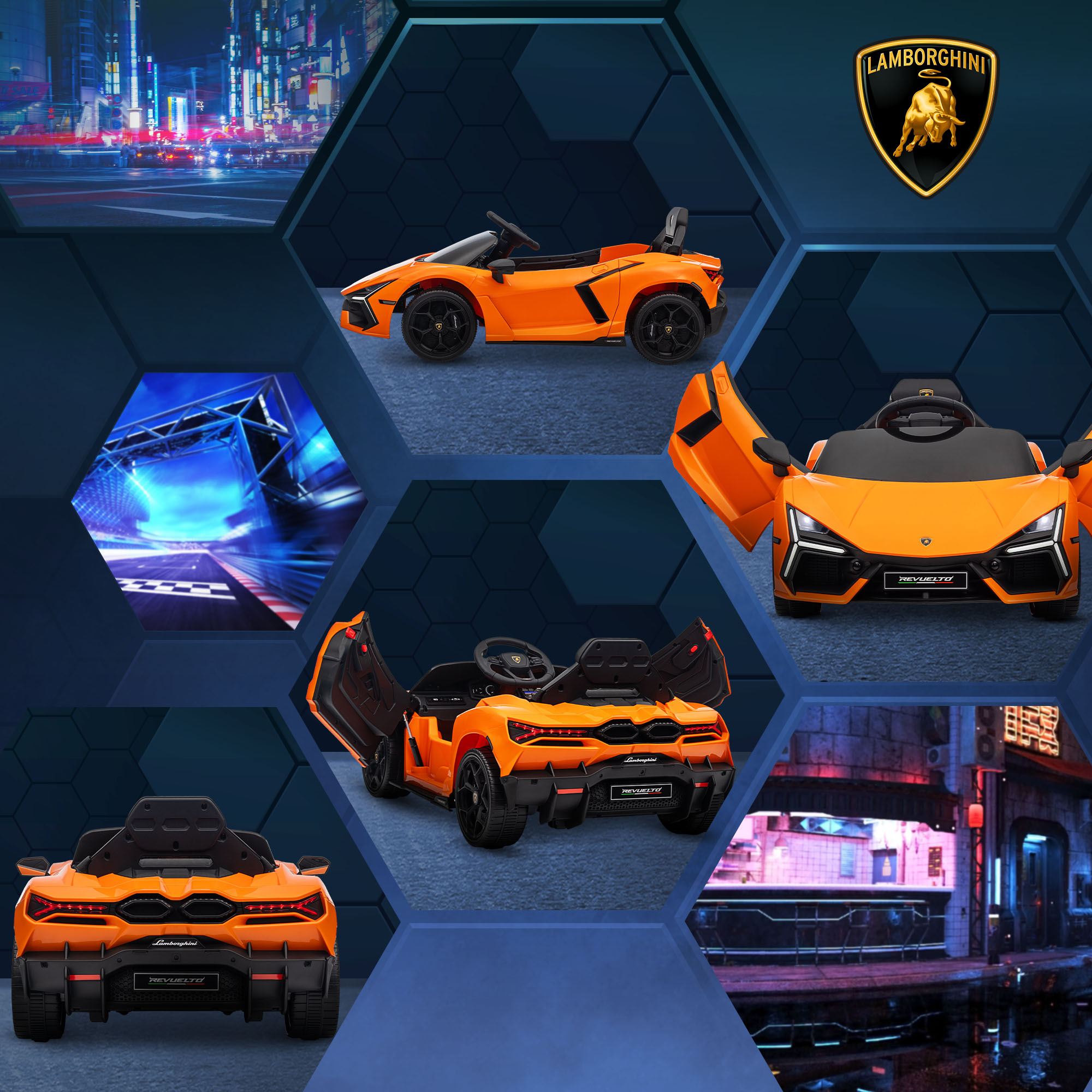 Macchina giocattolo Lamborghini arancione. Diverse viste dell'auto e sfondi cittadini. Design esagonale.