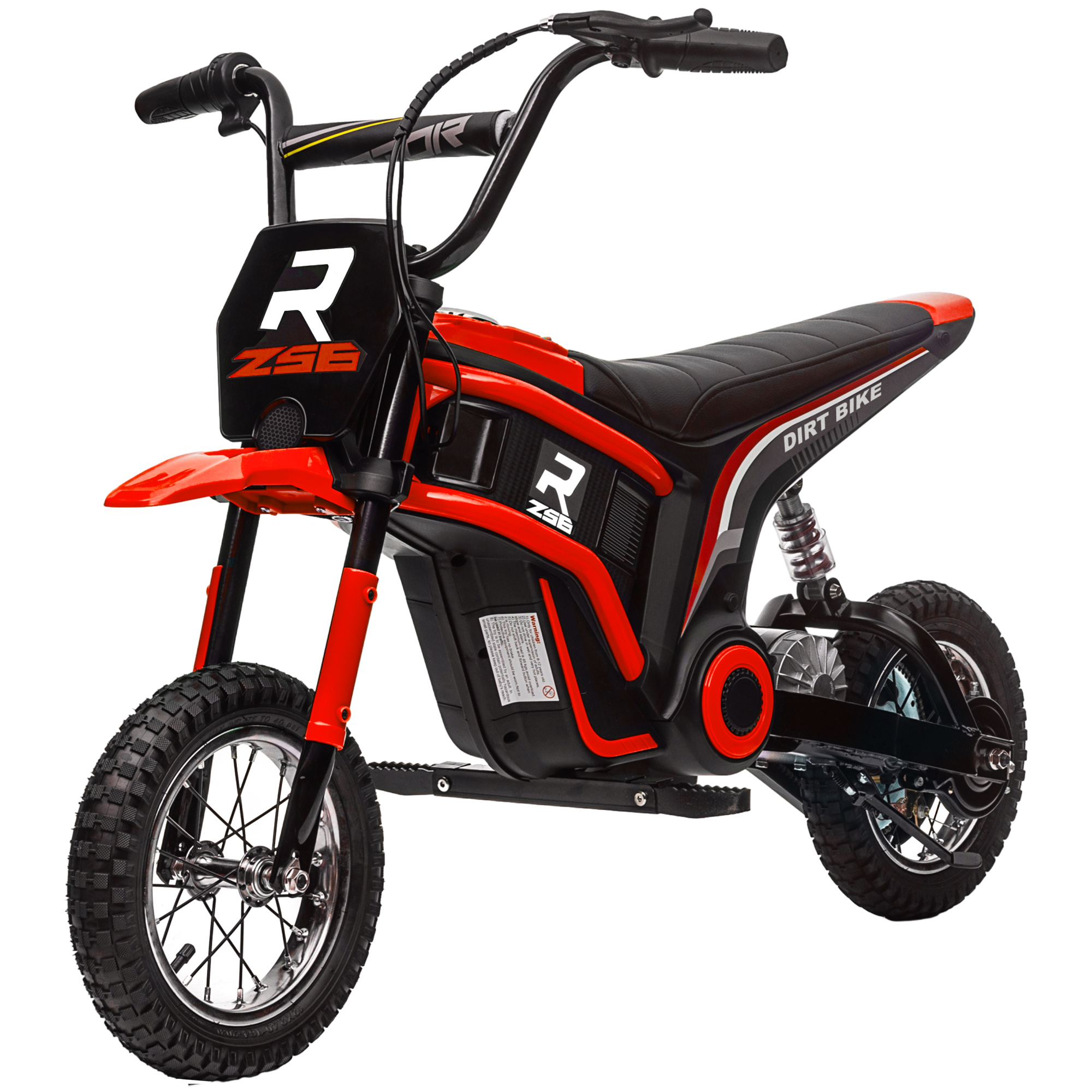 Una moto da cross giocattolo rossa e nera. Sfondo bianco.