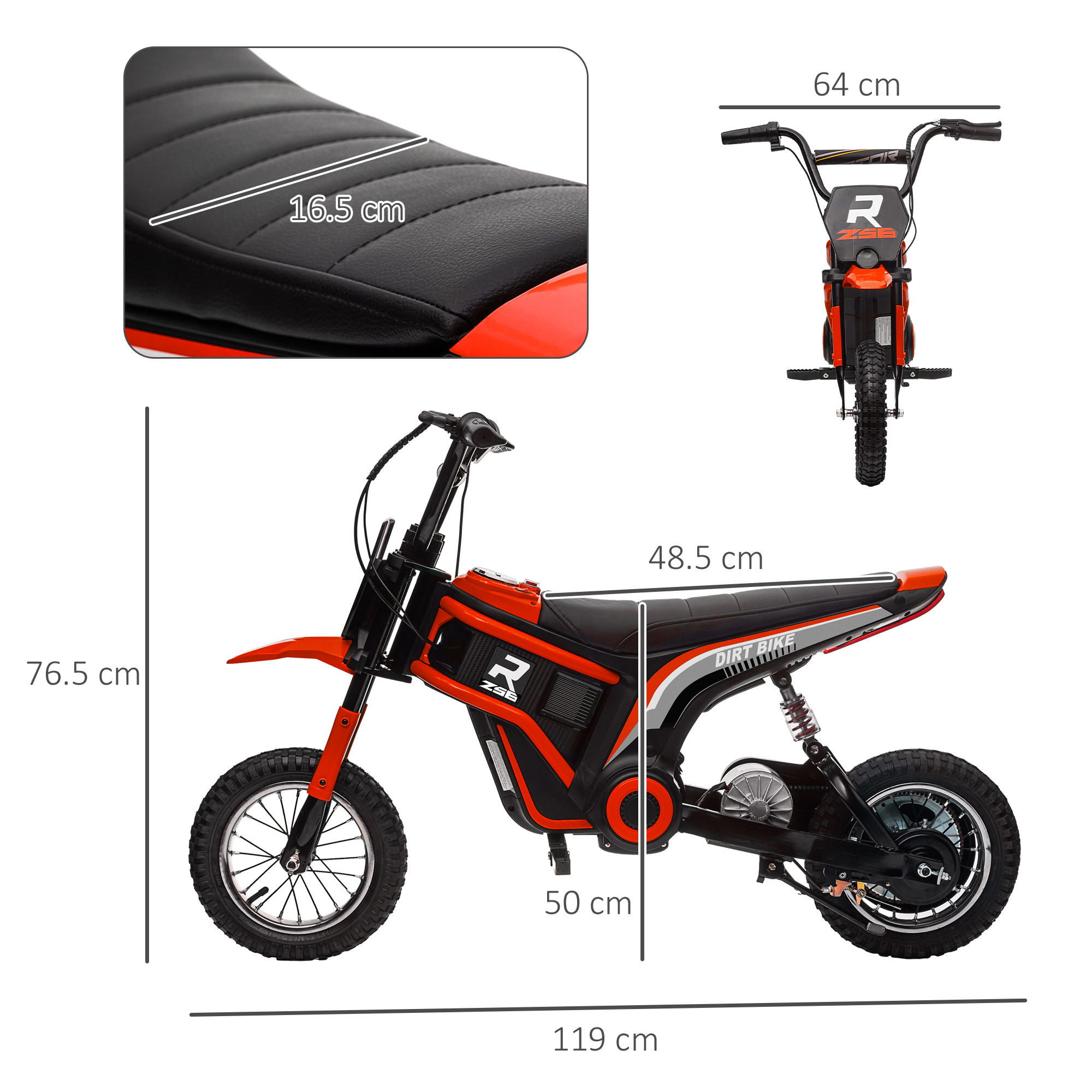 Moto da cross giocattolo rossa e nera con etichette dimensionali su sfondo bianco.
