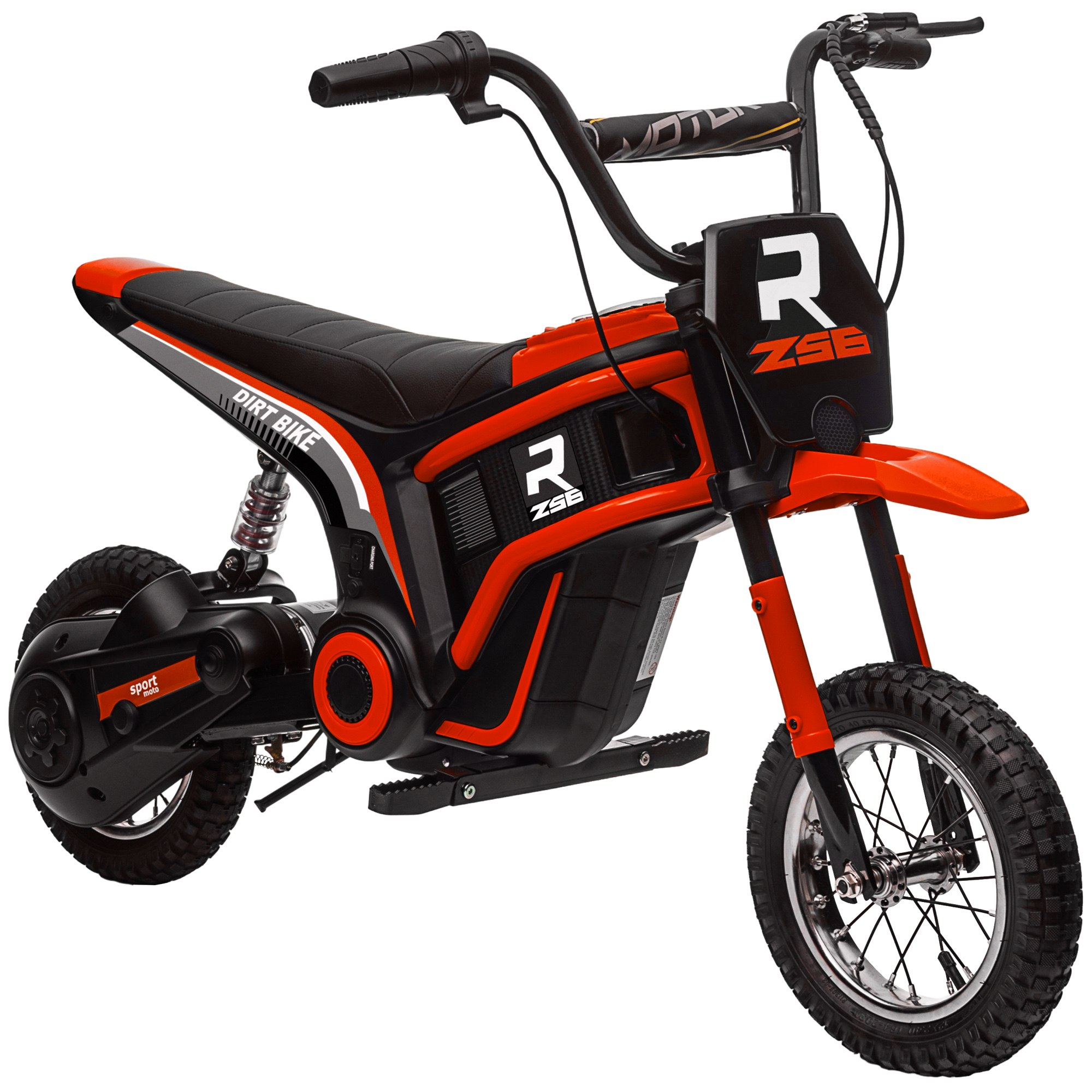 Moto da cross giocattolo arancione e nera con marchio 'DIRT BIKE' e 'R Z98', isolata.