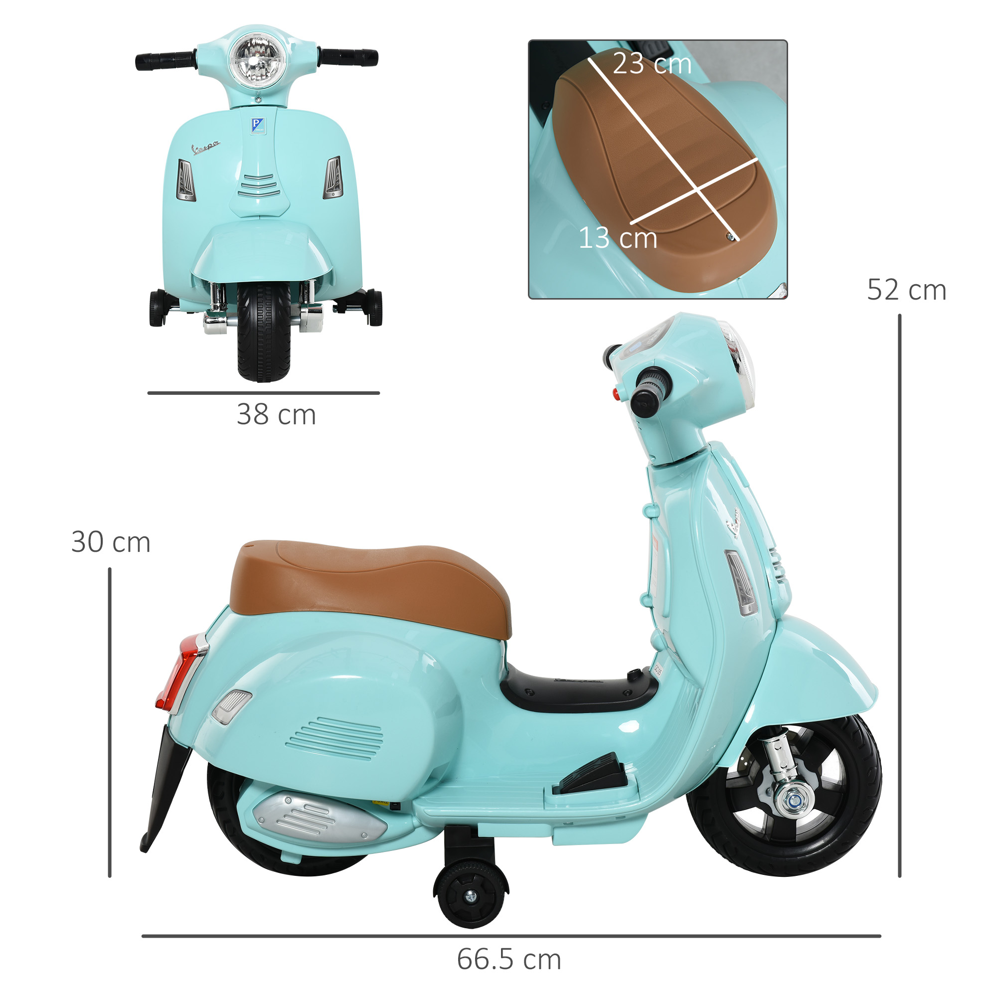 Un scooter giocattolo azzurro con dimensioni etichettate su sfondo bianco.