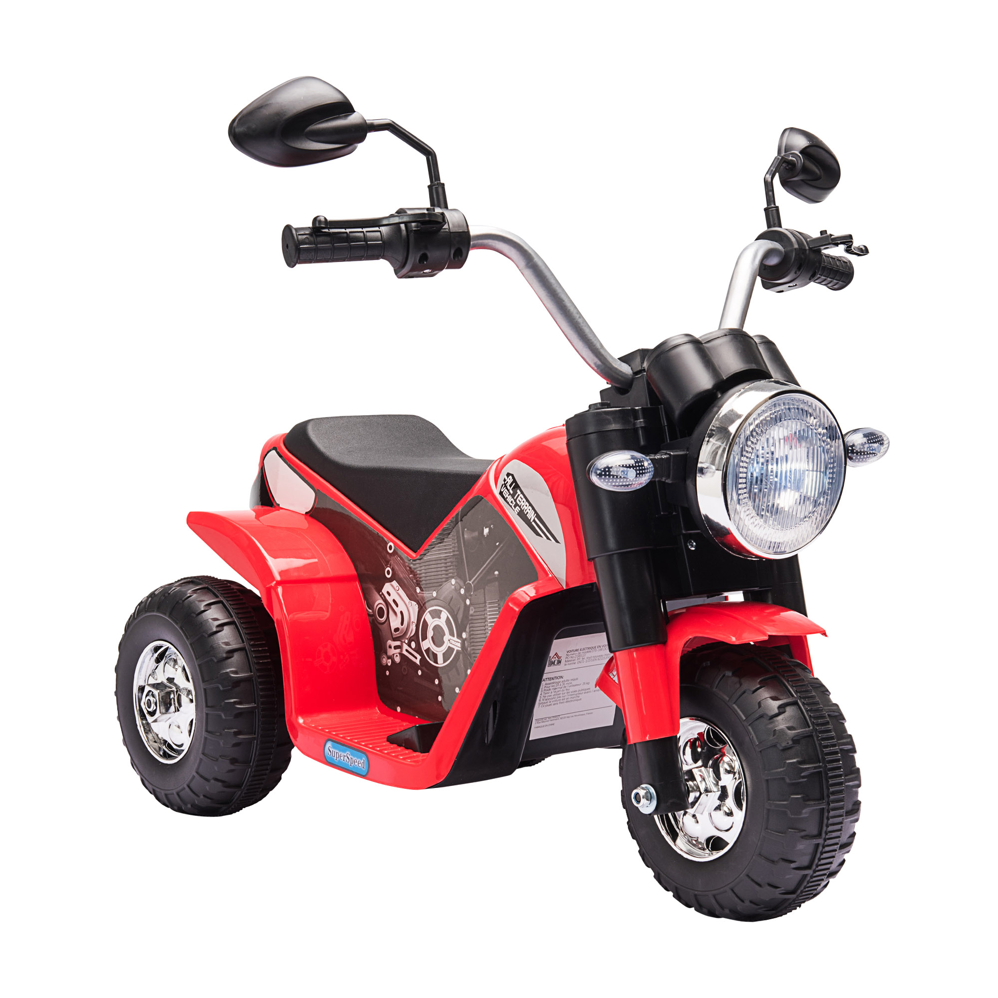 Moto giocattolo rossa con dettagli neri, finiture cromate e faro. Sfondo bianco. Specchietti laterali visibili.