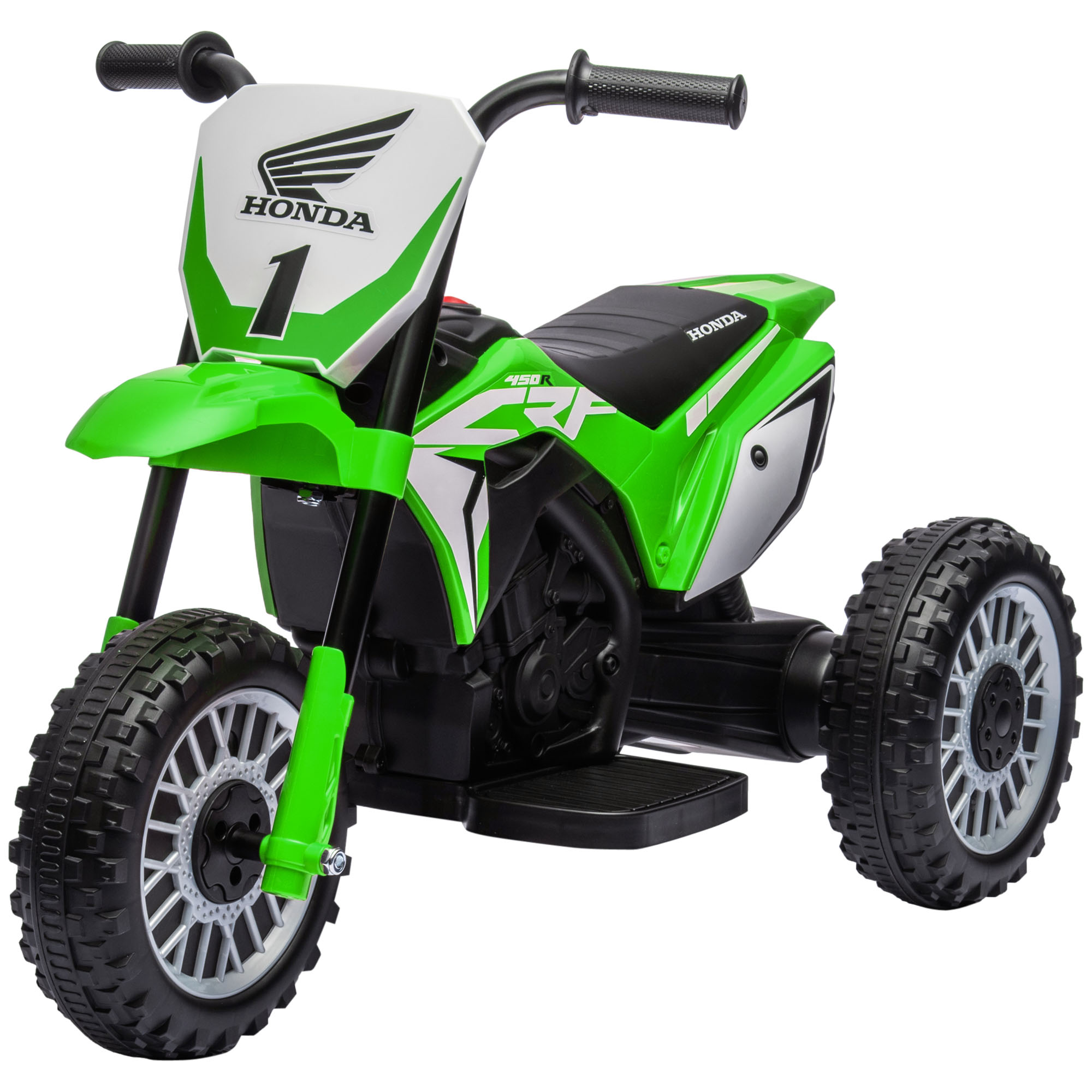 Moto giocattolo Honda verde e bianca con rotelle su sfondo bianco.