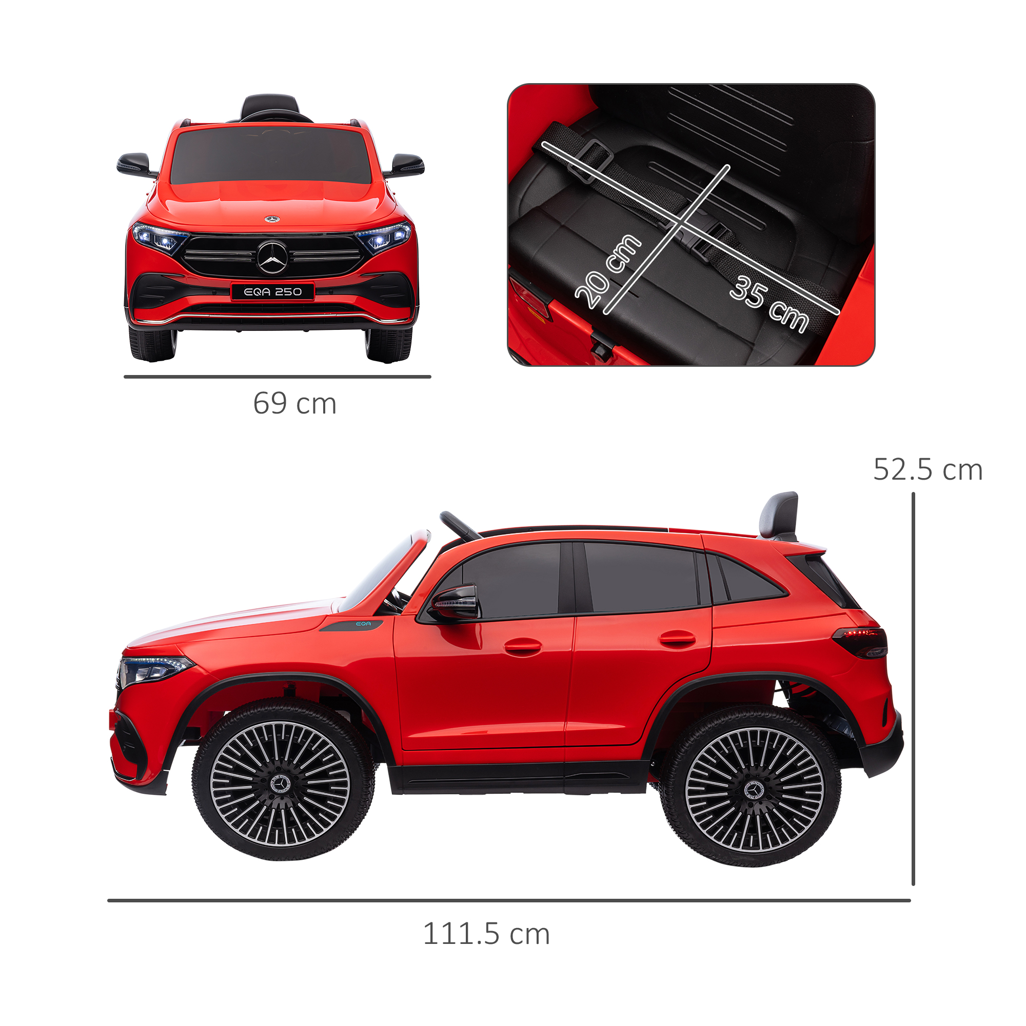 Macchina giocattolo rossa con dimensioni visualizzate. Sfondo: una superficie bianca.