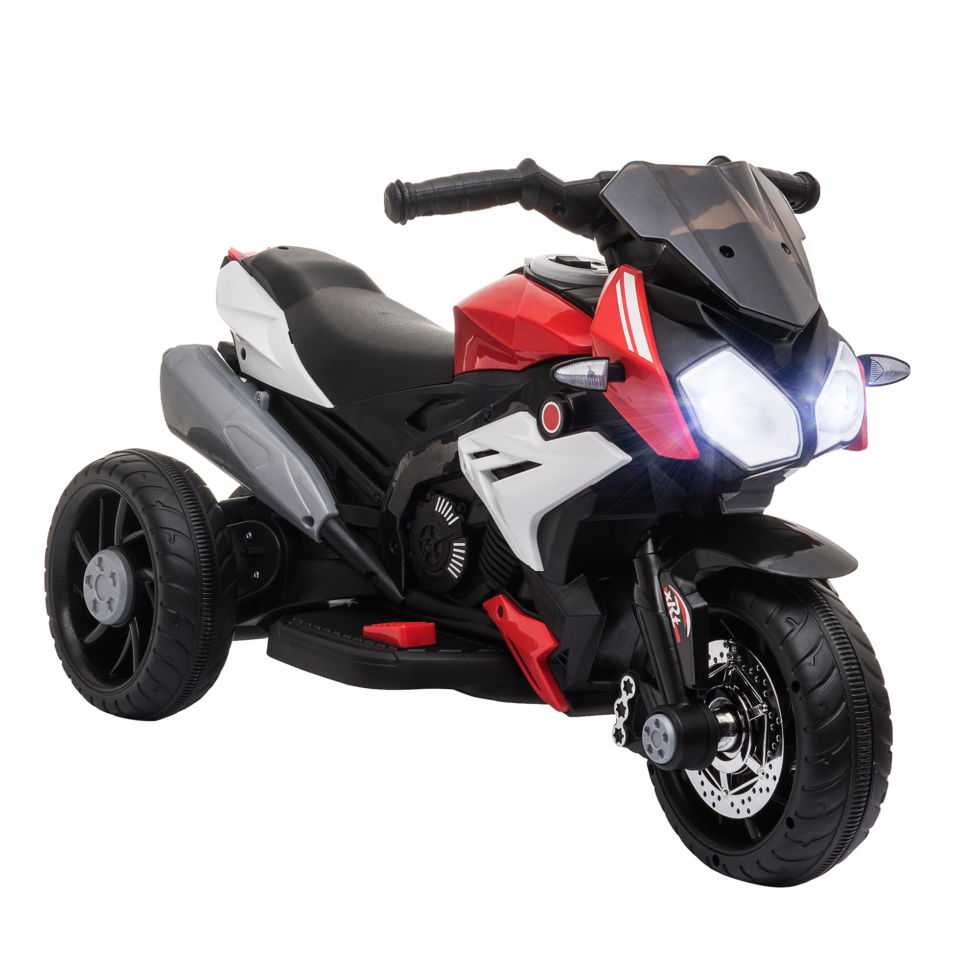 Moto giocattolo rossa, nera e bianca con tre ruote. Ha parabrezza e fari.