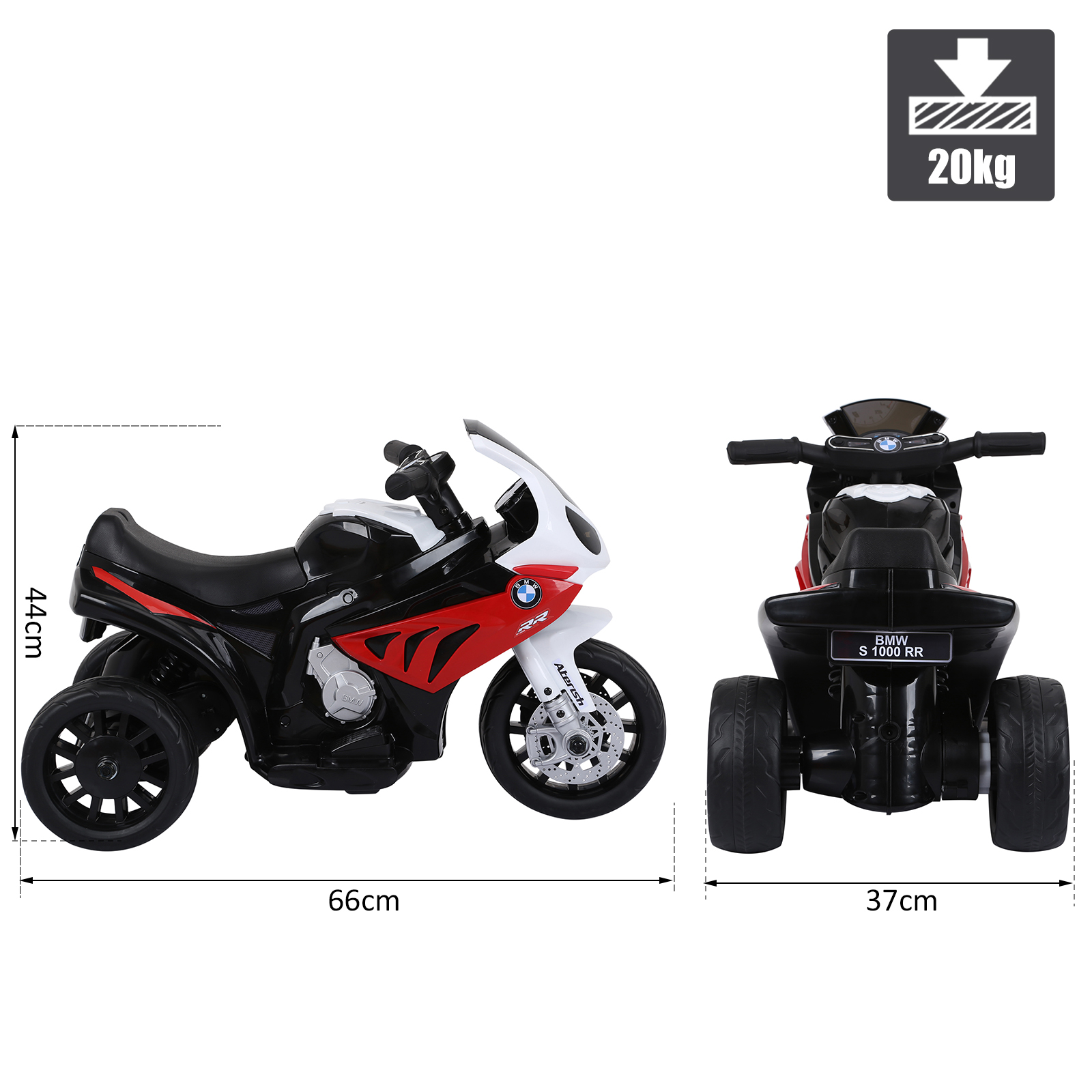 Moto giocattolo nera, rossa e bianca con etichette dimensionali su sfondo bianco.