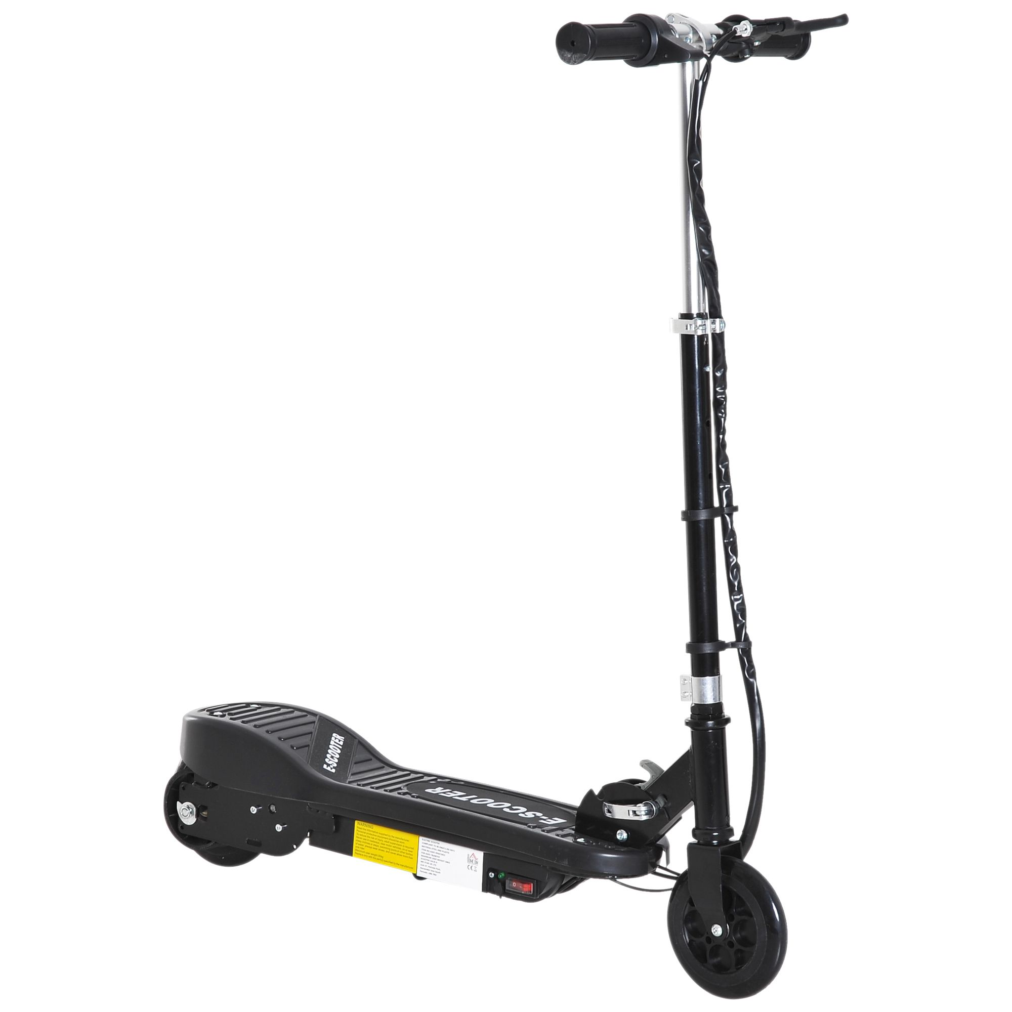 Scooter elettrico nero con manubrio e ruote neri. È su sfondo bianco.