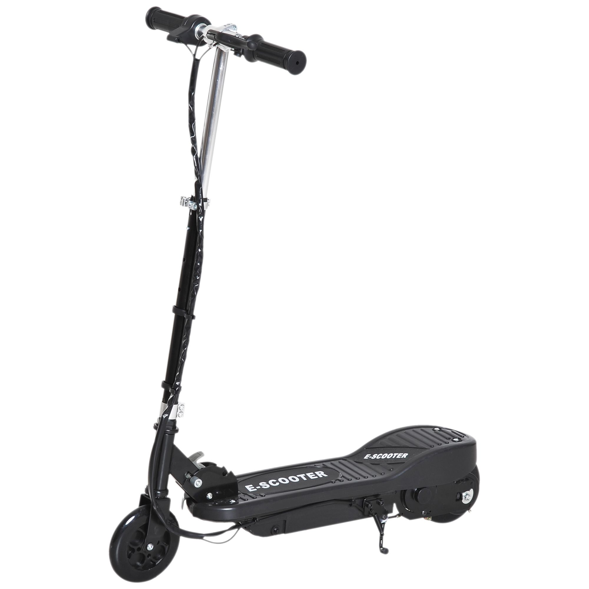 Monopattino elettrico nero con dimensioni. Sfondo: bianco.