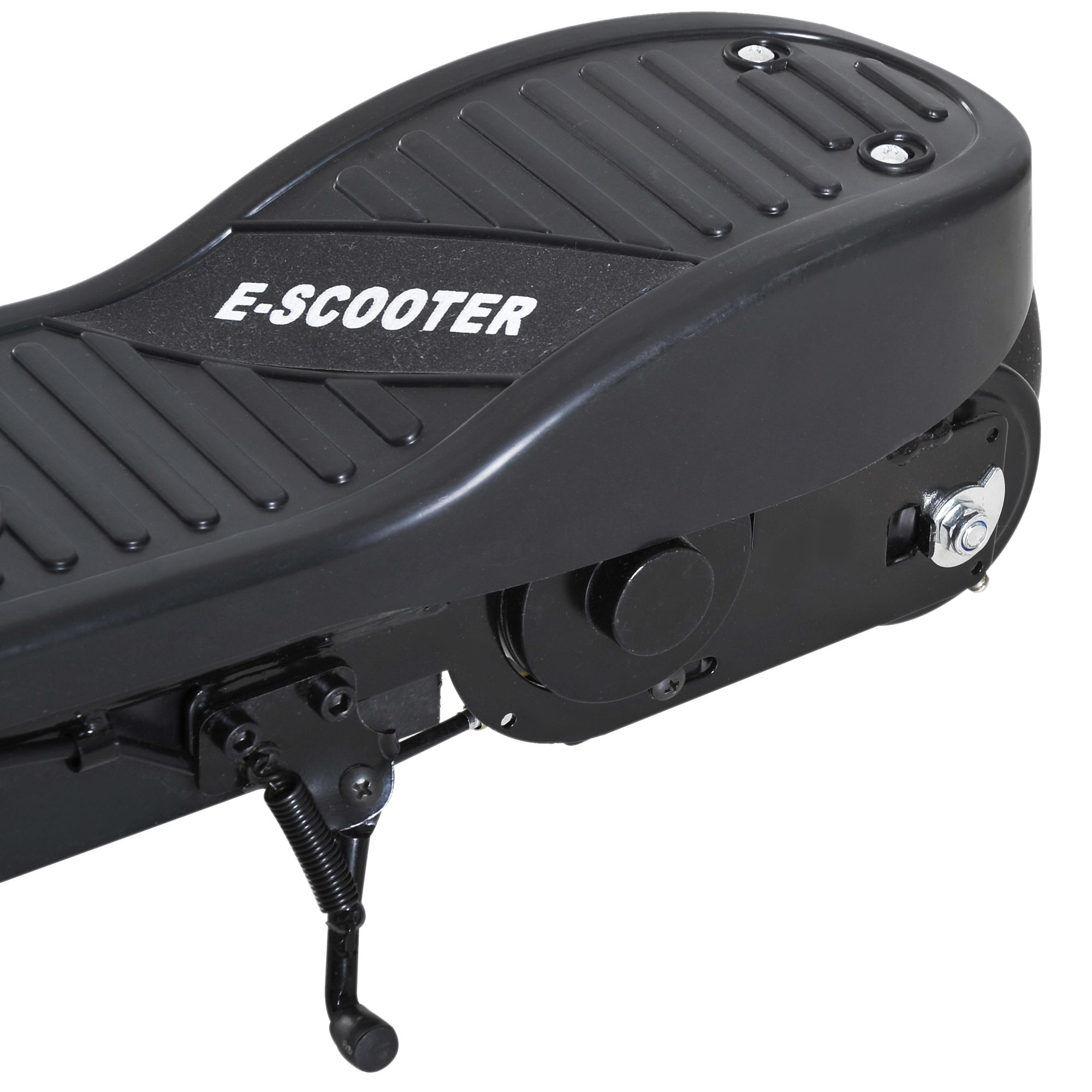 Scooter elettrico nero con la scritta "E-SCOOTER" sul telaio. Il cavalletto è abbassato. Sfondo bianco.