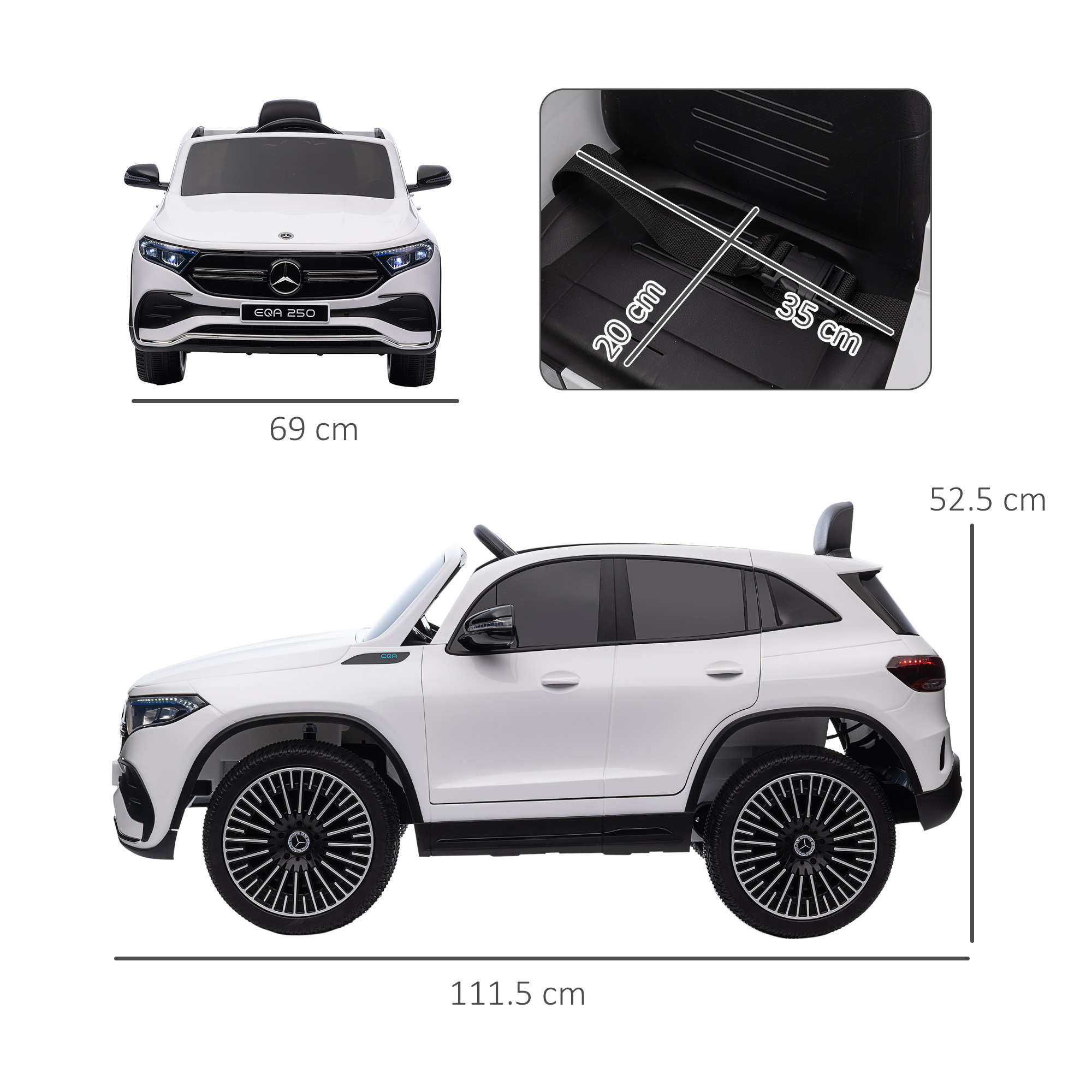 Auto giocattolo bianca con dimensioni etichettate, interno nero, vista anteriore e laterale.