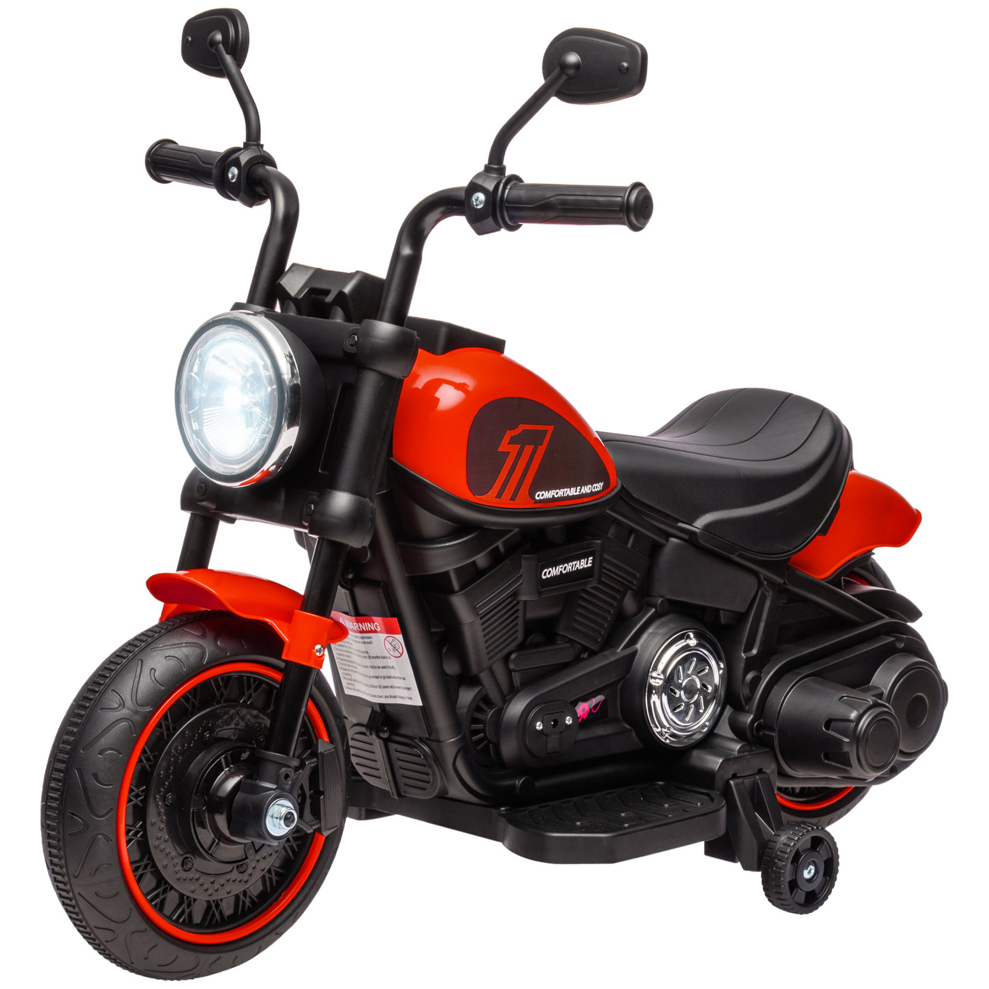 Moto giocattolo rossa e nera con faro grande e rotelle.