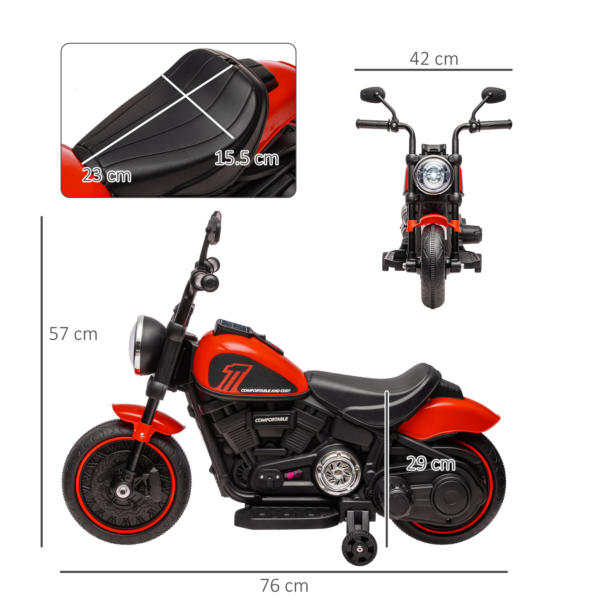 Moto giocattolo rossa con dimensioni visualizzate. Sella e dettagli neri, su una superficie pavimentata.