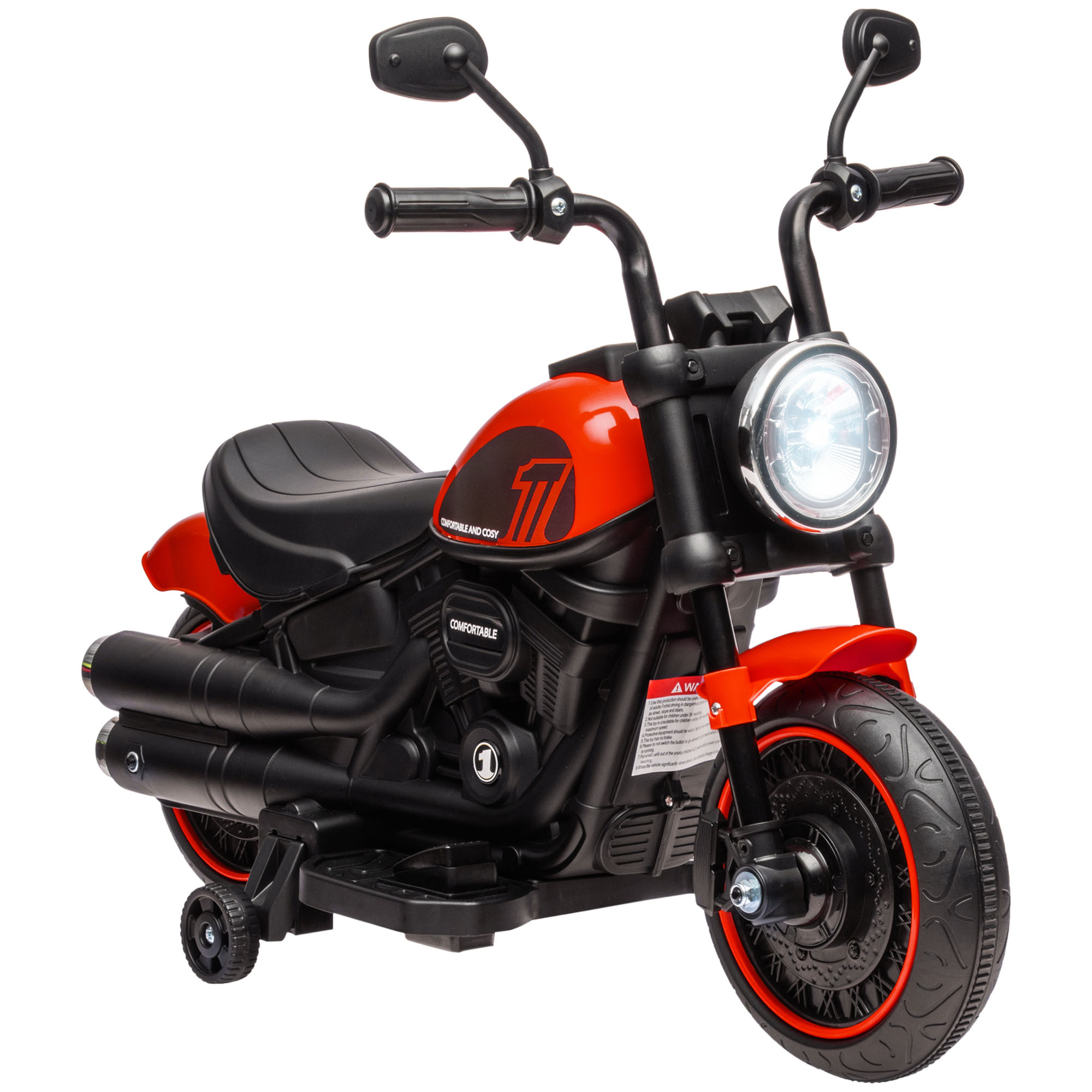 Una moto giocattolo rossa con sella nera. Sfondo bianco.