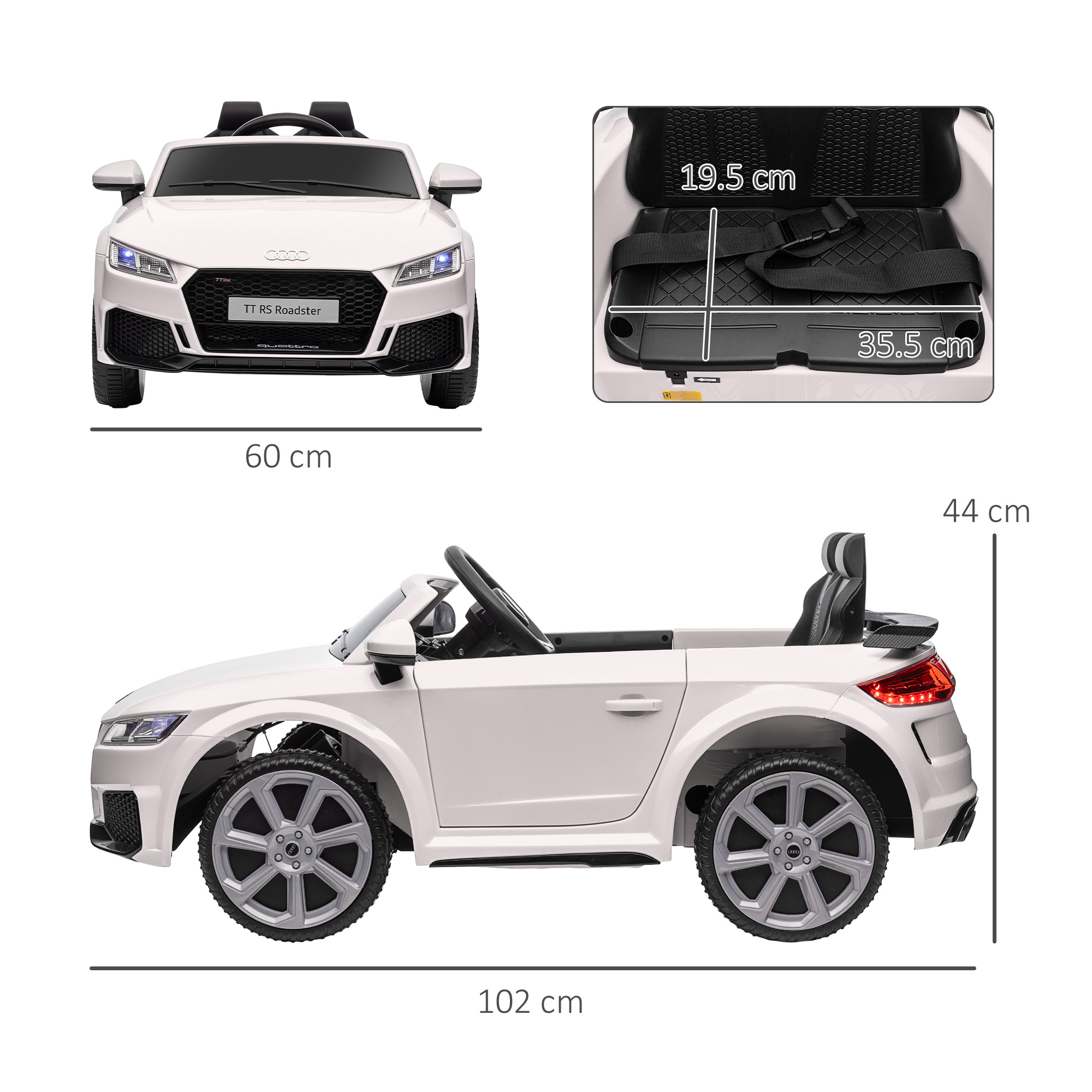 Auto giocattolo bianca con descrizioni delle dimensioni, TT RS Roadster, su sfondo bianco.
