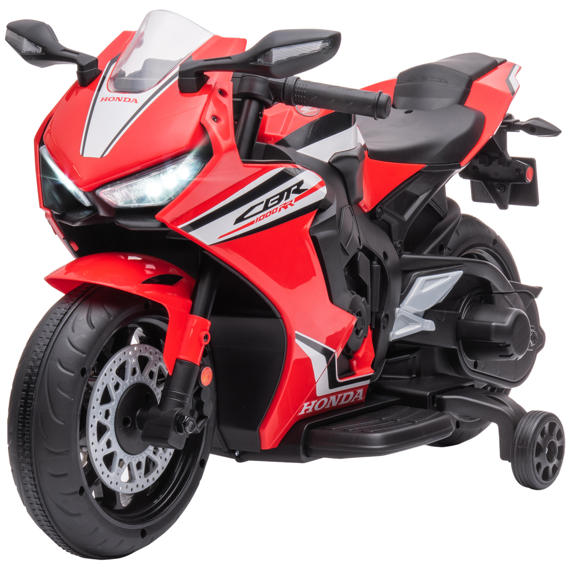 Motocicletta giocattolo rossa Honda CBR. Ruote e dettagli neri. Luci accese.