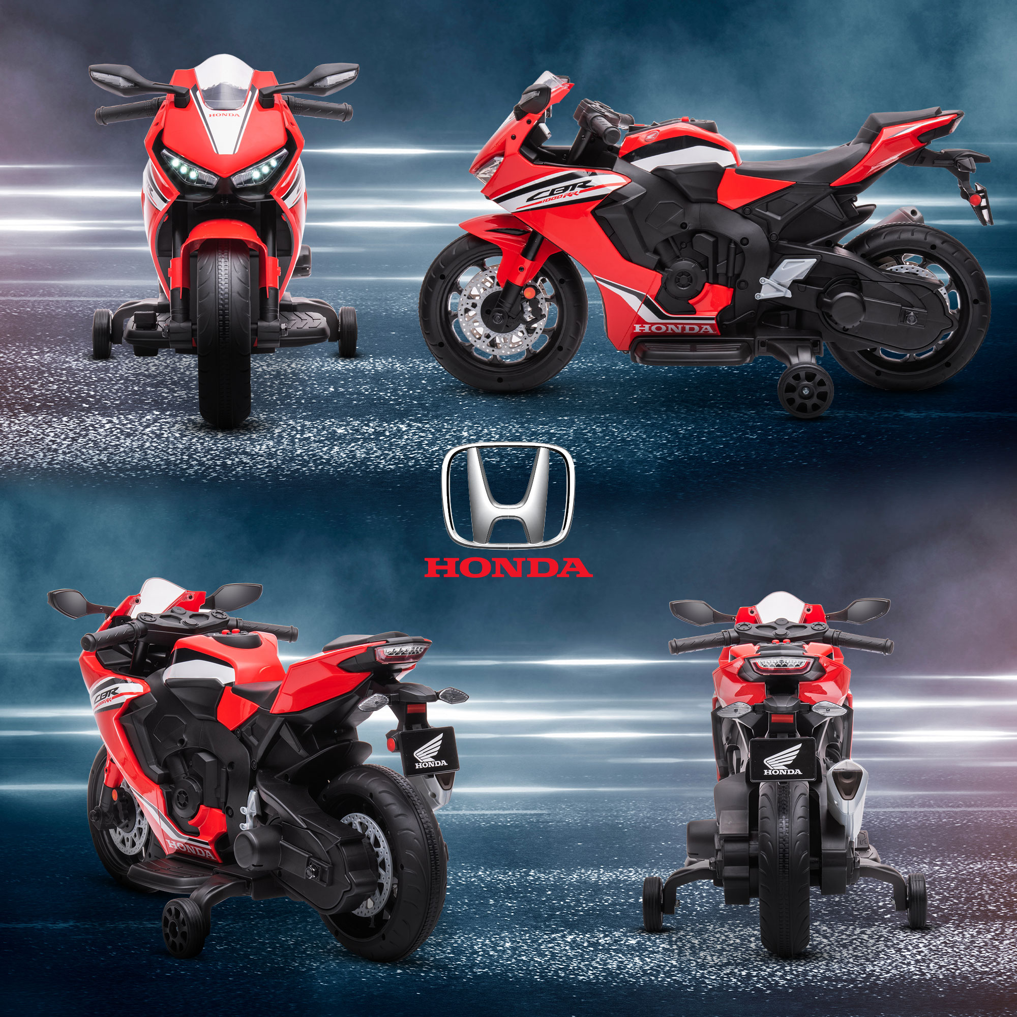 Quattro viste di una moto giocattolo rossa e bianca con il logo Honda. Sfondo blu.