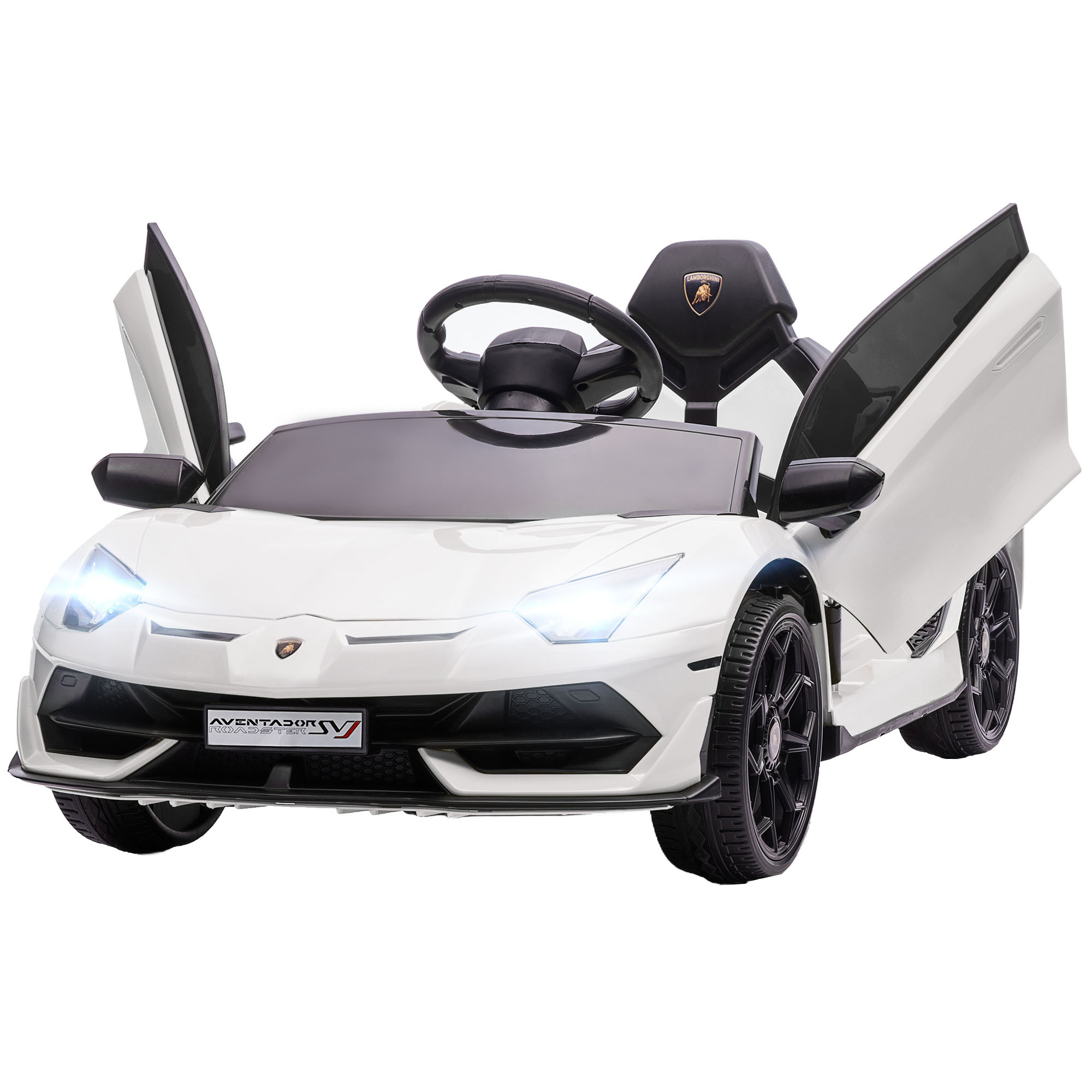Auto giocattolo bianca con porte aperte su sfondo bianco, Lamborghini Aventador SV.