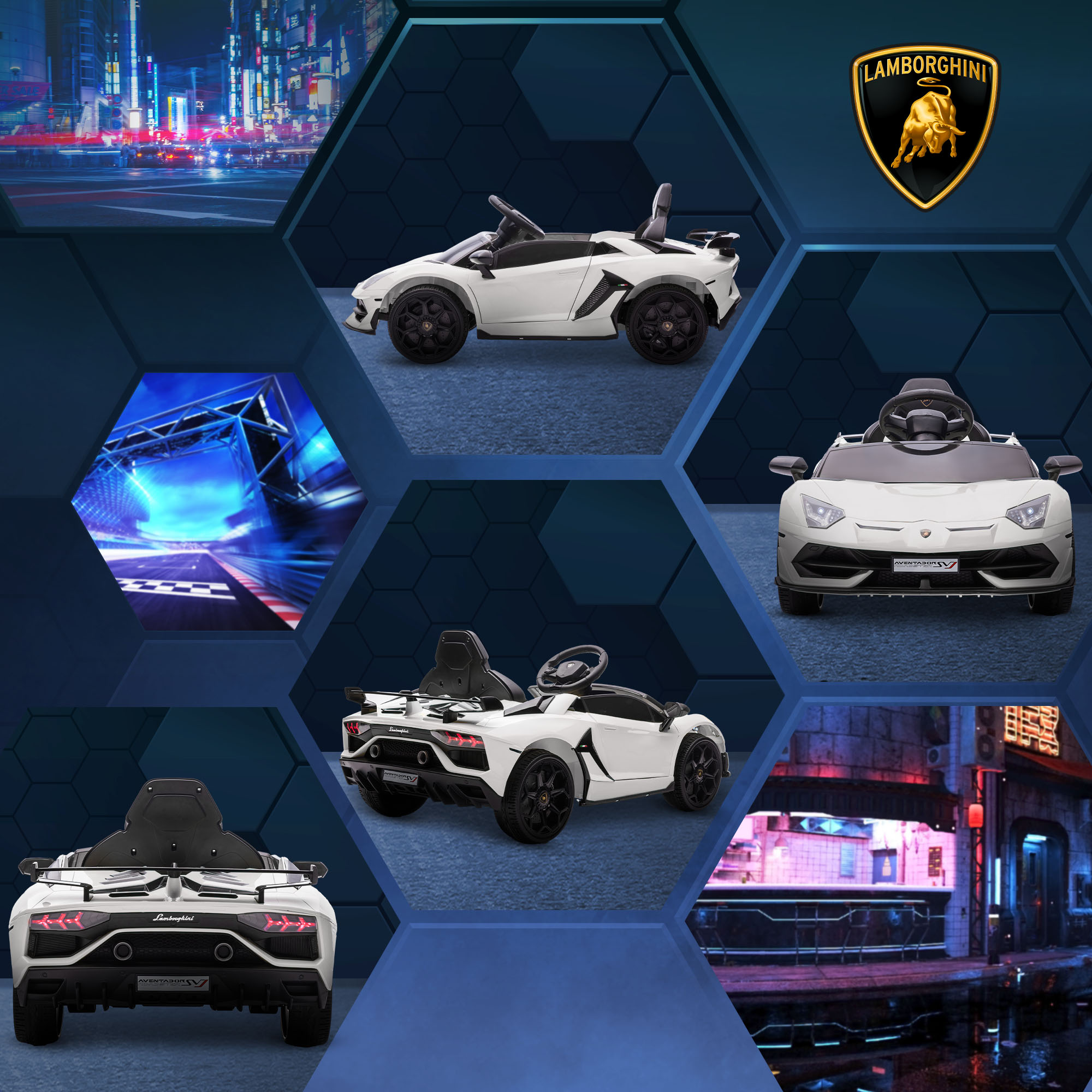 Collage di auto giocattolo, tra cui Lamborghini, con elementi urbani e logo.