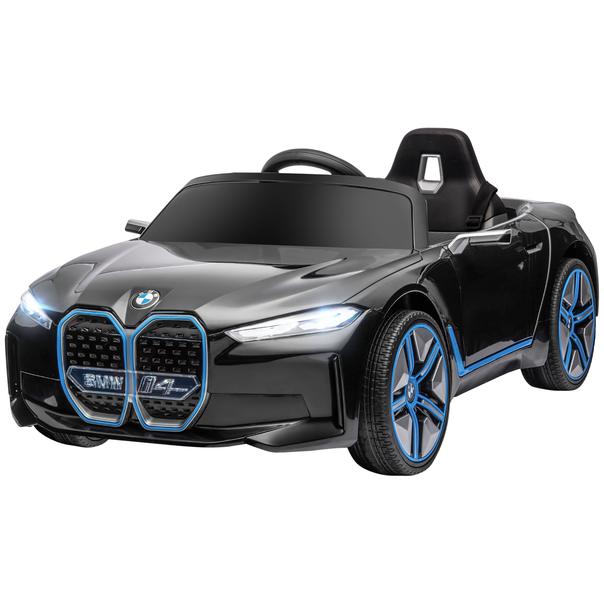 Auto giocattolo nera con accenti blu. Ha un sedile nero e ruote blu.