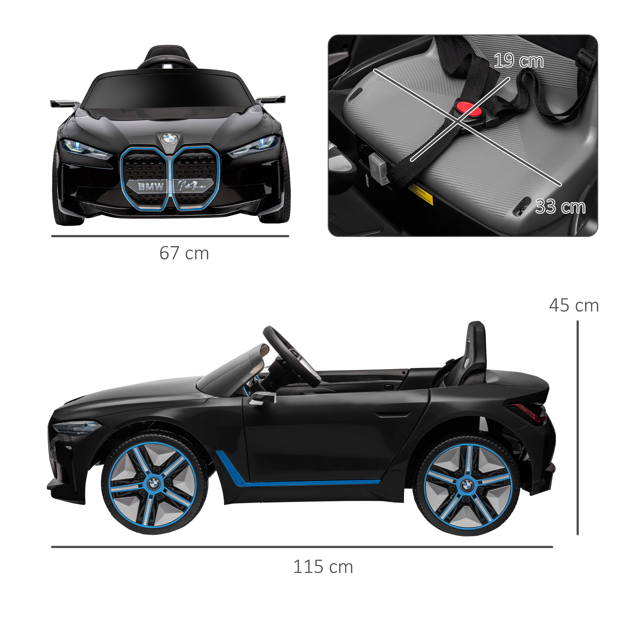 Auto giocattolo nera con dettagli e ruote blu. Include misure. Isolato su bianco.