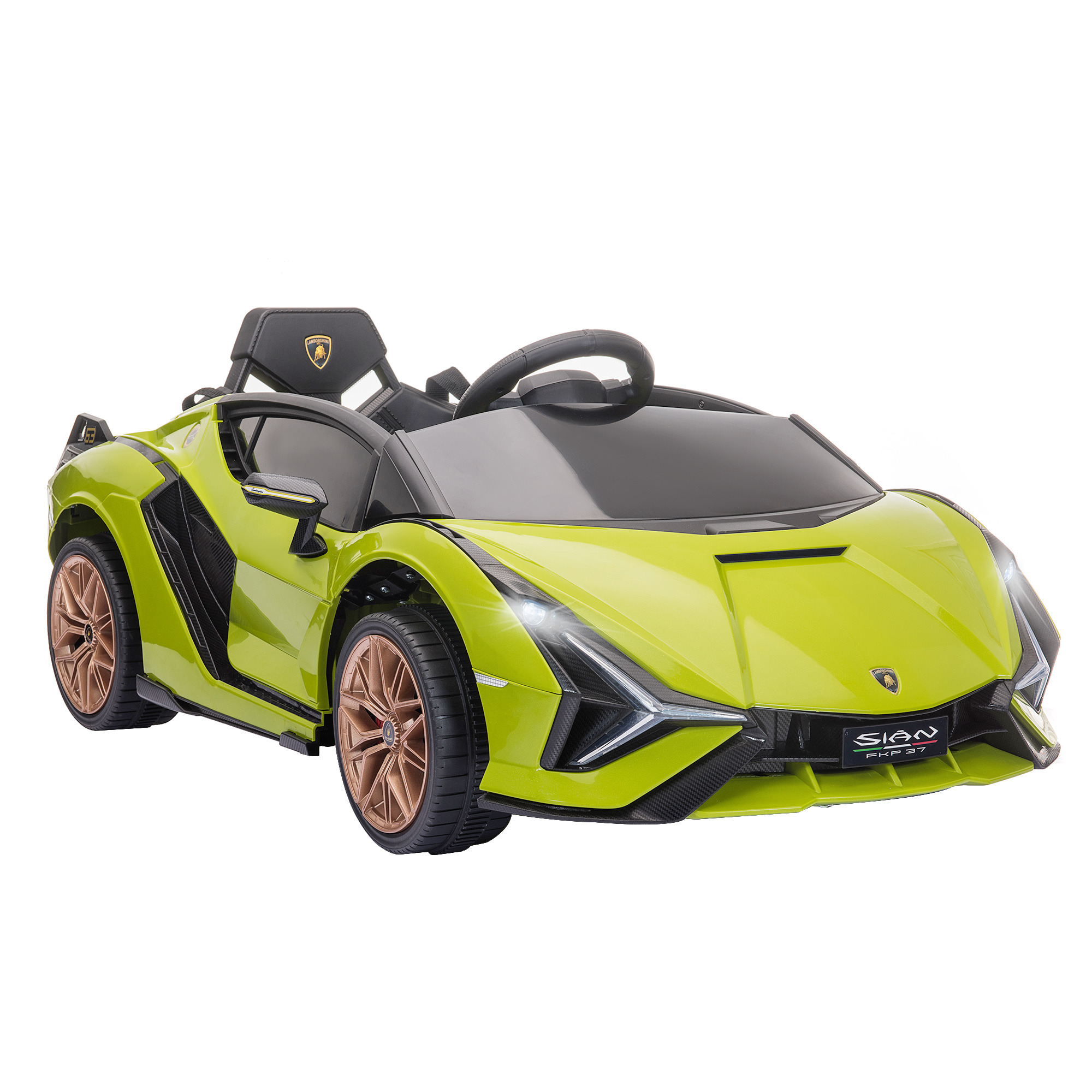 Auto giocattolo verde con ruote dorate, interno nero e design elegante.