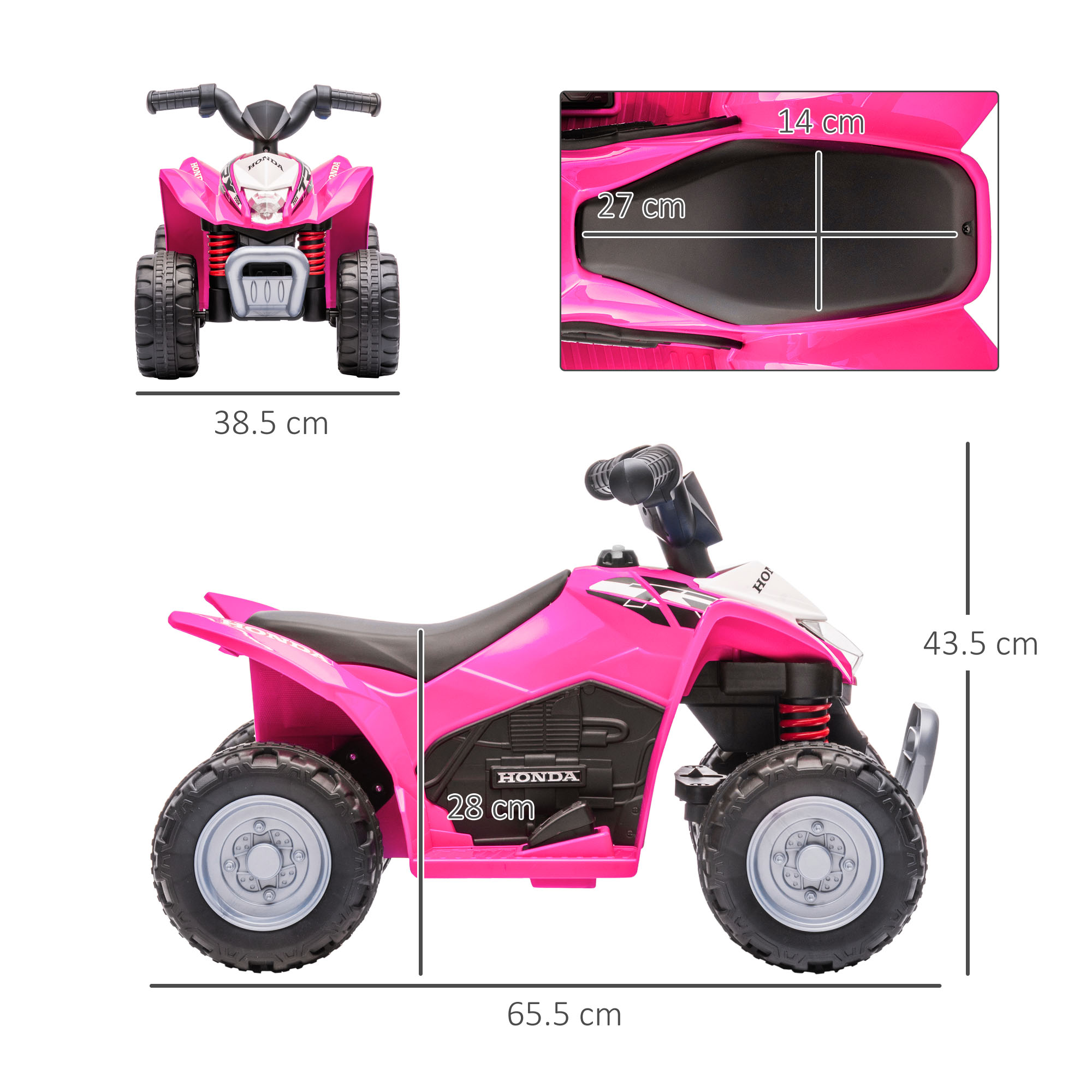 ATV giocattolo rosa con dimensioni visualizzate. Sfondo: erba e alberi.