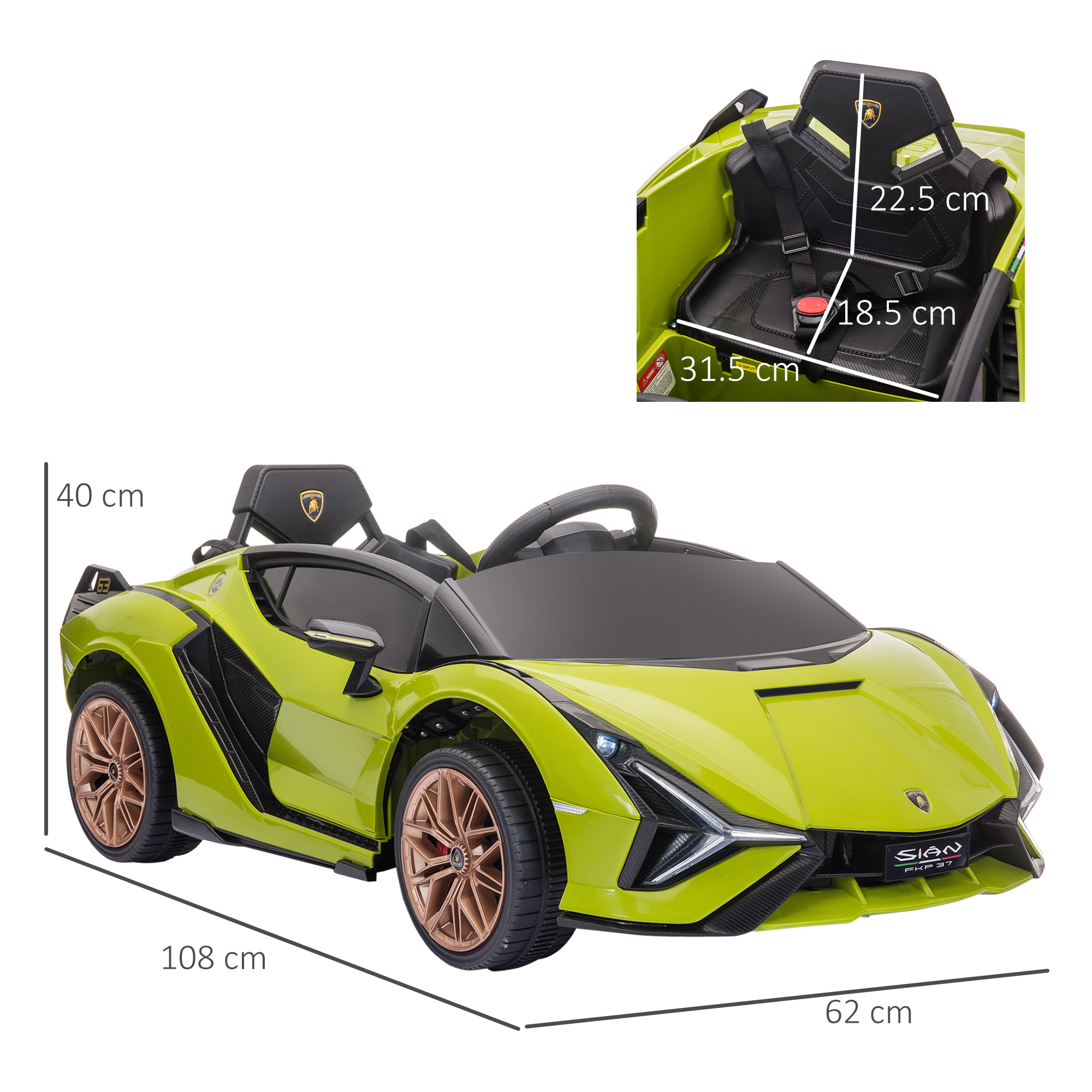 Un'auto giocattolo verde lime con ruote dorate, dimensioni visualizzate, con interni neri.