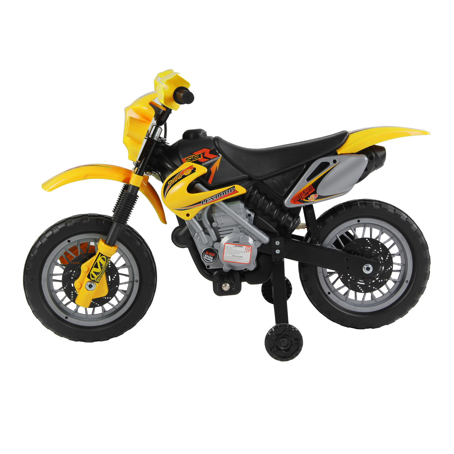 Motocicletta giocattolo gialla con rotelle. Nero e giallo. Isolato su bianco.