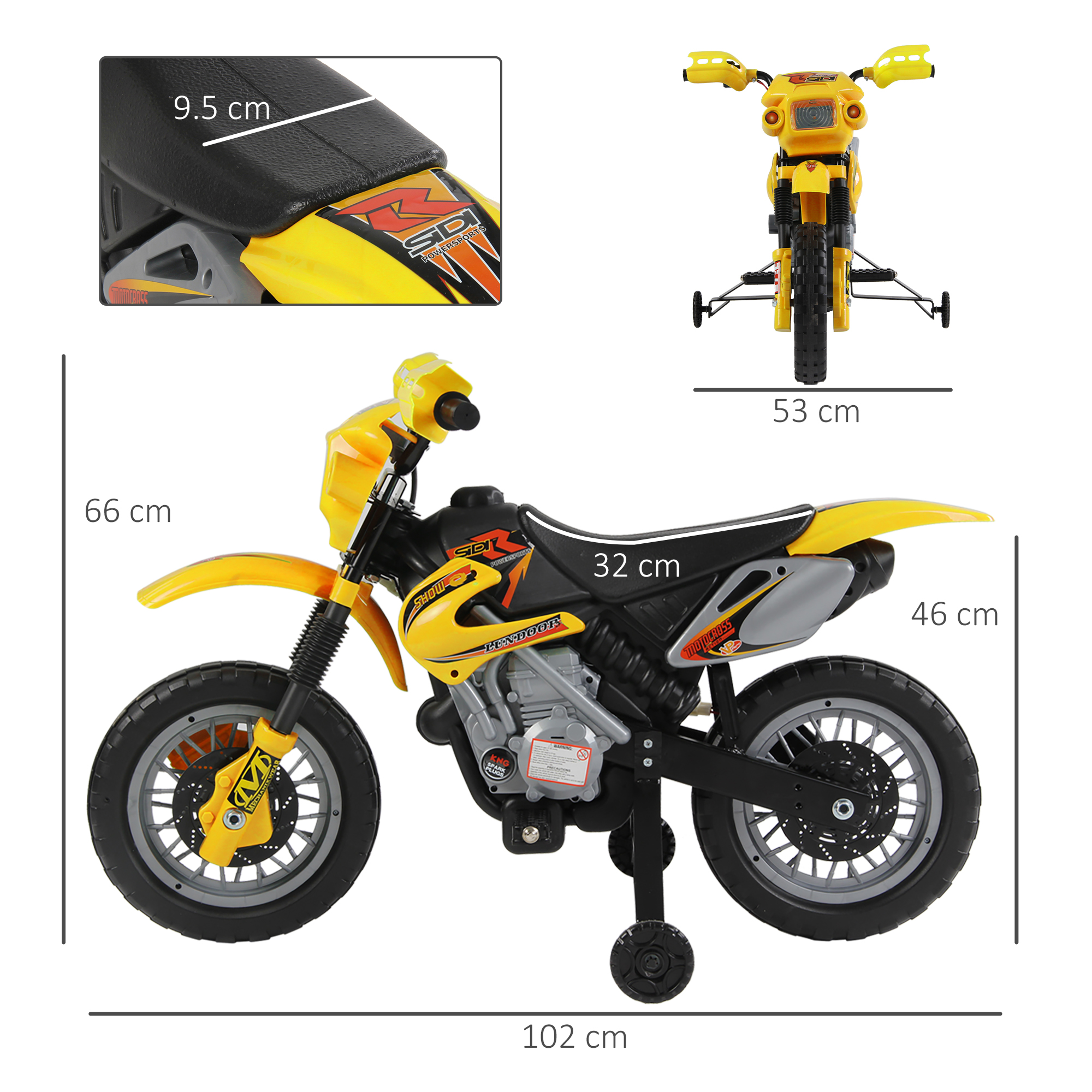 Moto giocattolo gialla con dimensioni. Lo sfondo mostra una casa e vegetazione.