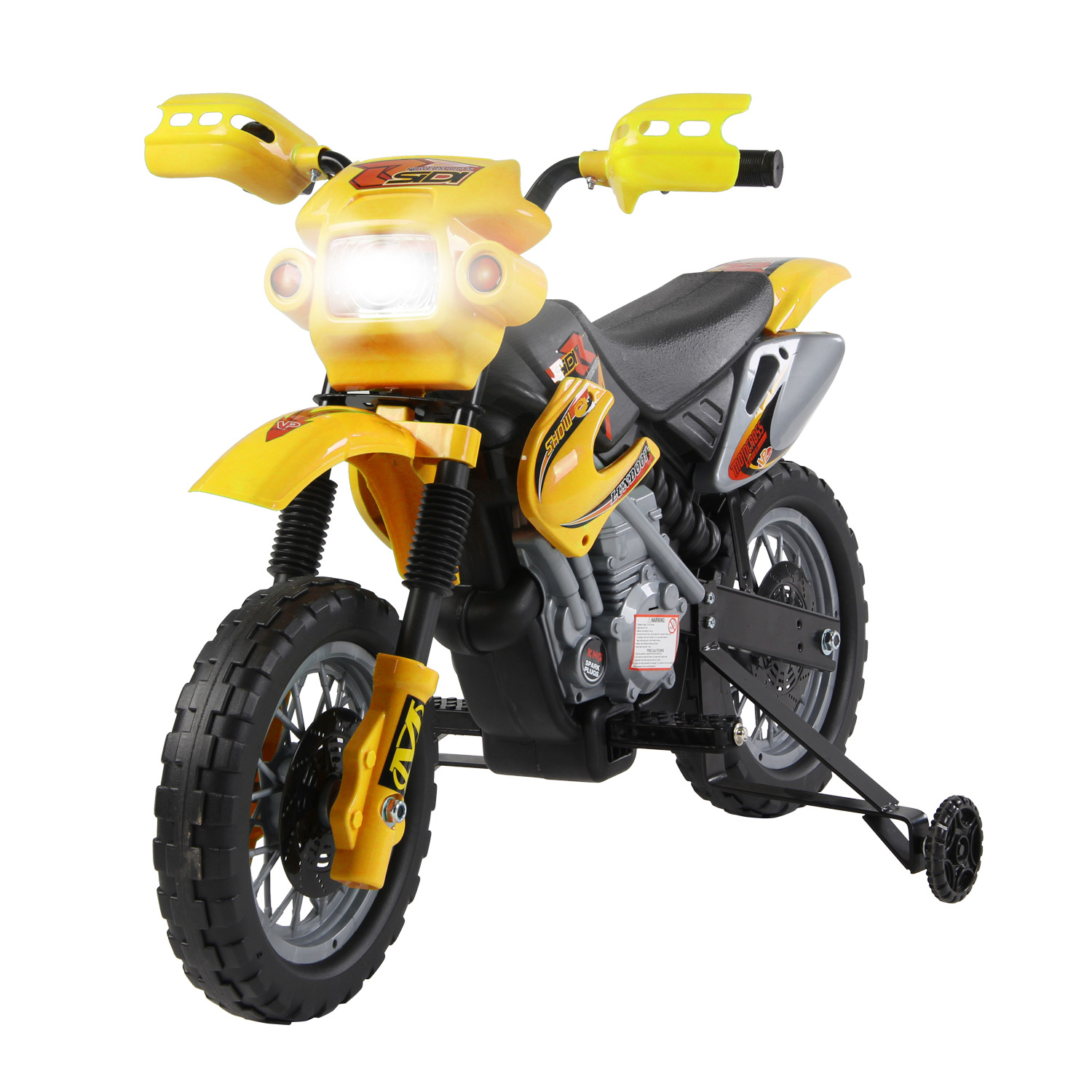 Una moto giocattolo gialla con dettagli neri e gialli. Sfondo bianco.