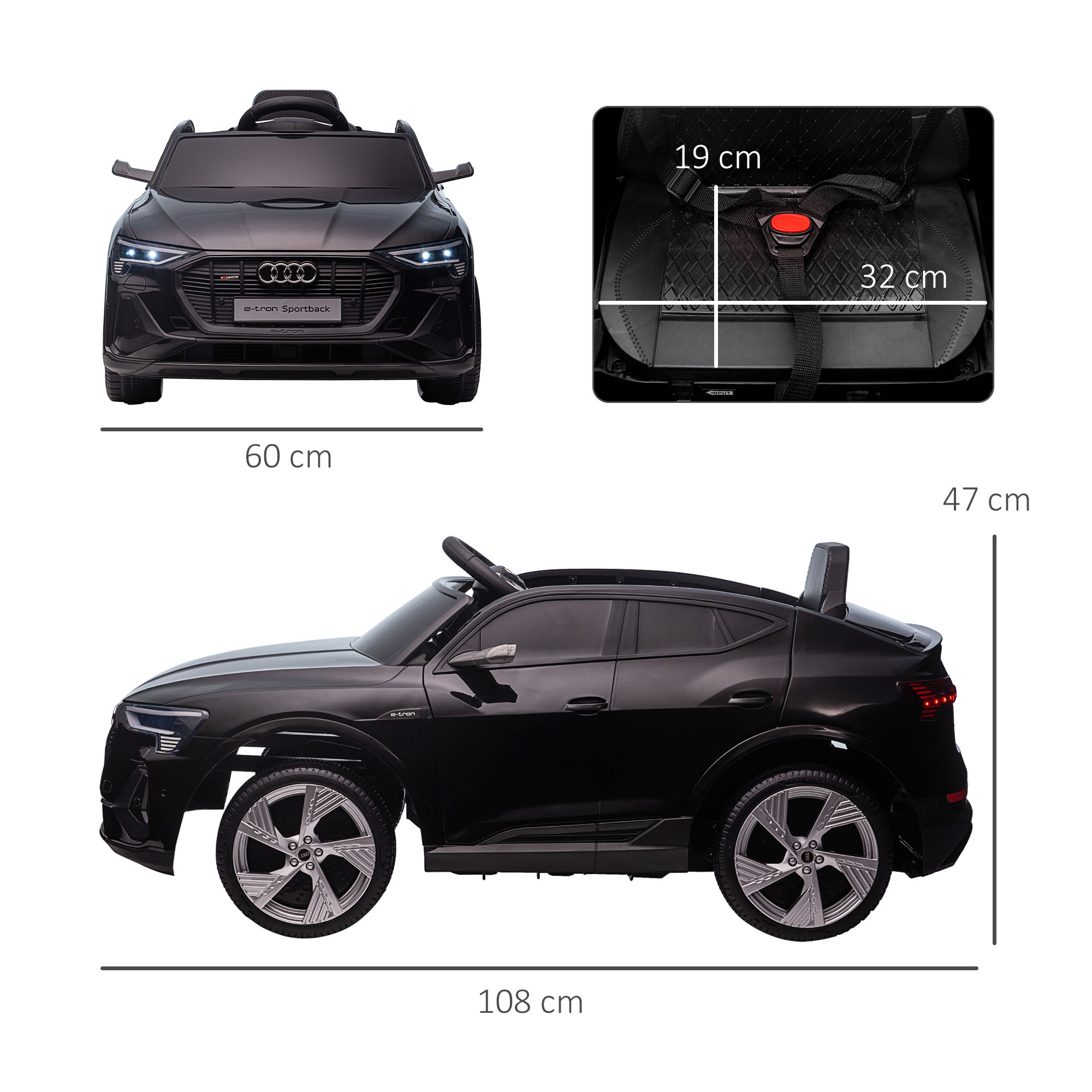 Auto giocattolo nera con dimensioni etichettate, interno nero, vista anteriore e laterale.